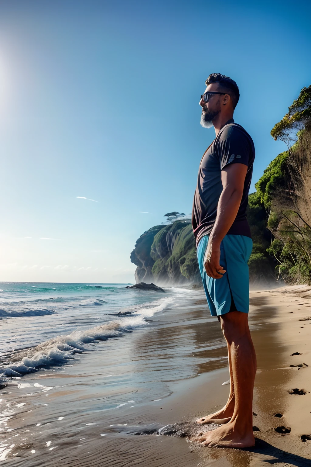 guttoépico2,  a man wearing glasses, vestindo uma camiseta regata, bermuda e chinelos. O HOMEM (((this standing))), de corpo inteiro, (((dentro de uma garrafa de vidro gigante))) em uma praia de areia branca com ondas suaves. A cena deve ser detalhada, destacando o homem, suas roupas e a garrafa de vidro, bem como a beleza da praia com suas areias brancas e o mar calmo. The lighting should reflect a sunny and quiet day. Por favor, provide a vivid and captivating description of the scene.