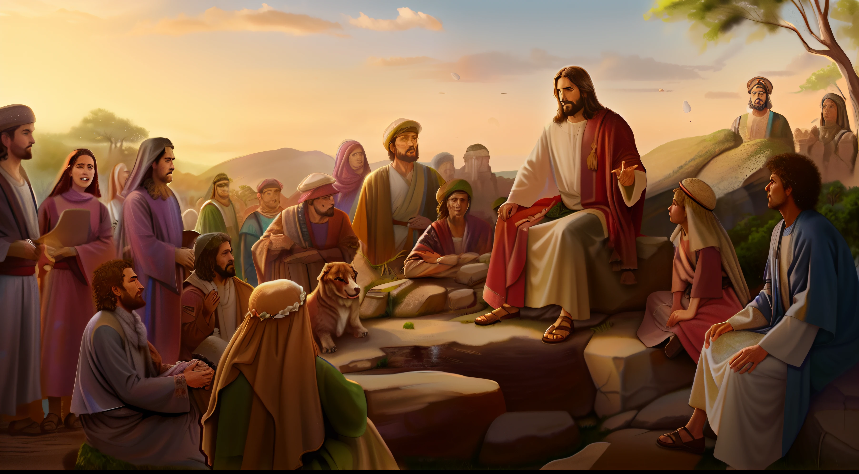jesus sentado em uma pedra em meio a natureza, Teaching the crowd around you, fundo da imagem possui uma montanha, arvores ao derredor ((8k realista))