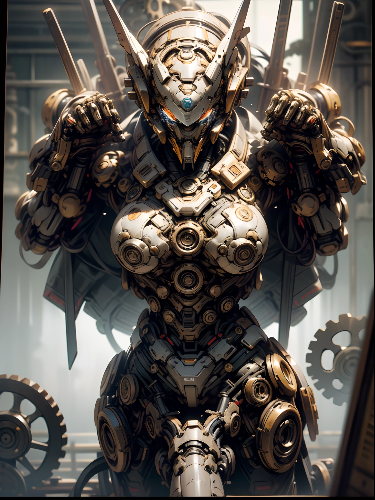 Mechanical steampunk-style mecha girl, made from mechanical parts, (mecha body), (mecha limbs), ((detailed face)),  ((looking at camera)), gears and cogs, insane detail, ((dynamic pose)), cinematic lighting, steampunk background.