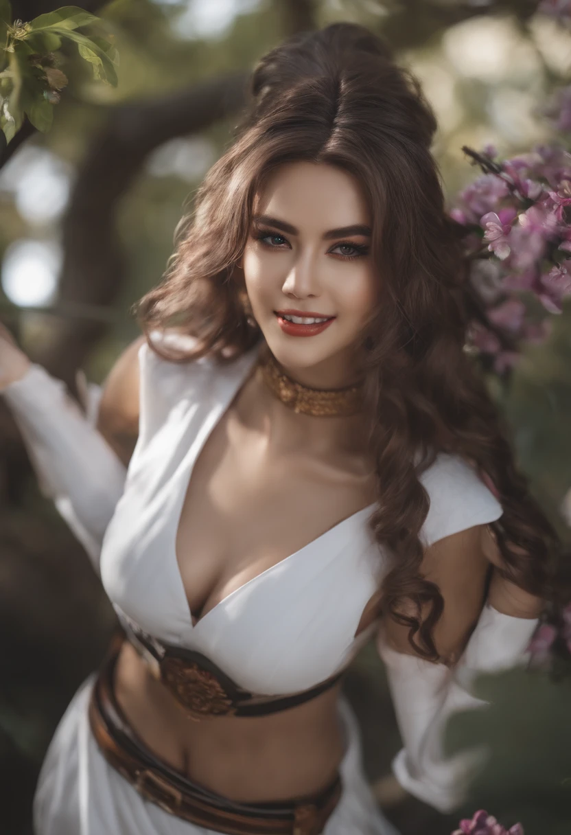 a skinny girl, latin face, suit, smile you can see the teeth, shogun raiden cosplay, wavy hair, full body, very detailed body, very detailed face, shiny skin, detailed_eyebrows, beautiful_eyes, realistic skin, ultra-realistic, sharp and highly detailed focus, 8k