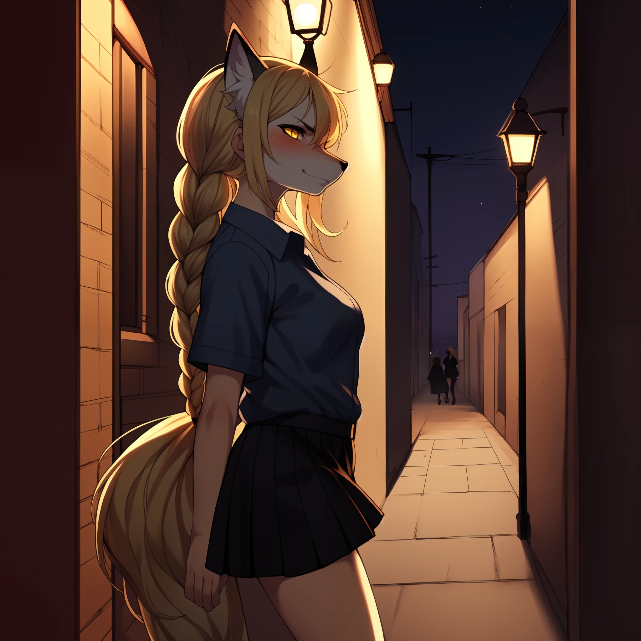 (furry:1.4), Female canine, light brown and black fur, fluffy body fur, small breasts, short, detailed breasts, detailed vagina, nude, naked, no clothes, standing, leaning against brick wall in alley, blushing, panting,rubbing breasts, at night, city lights in background,
