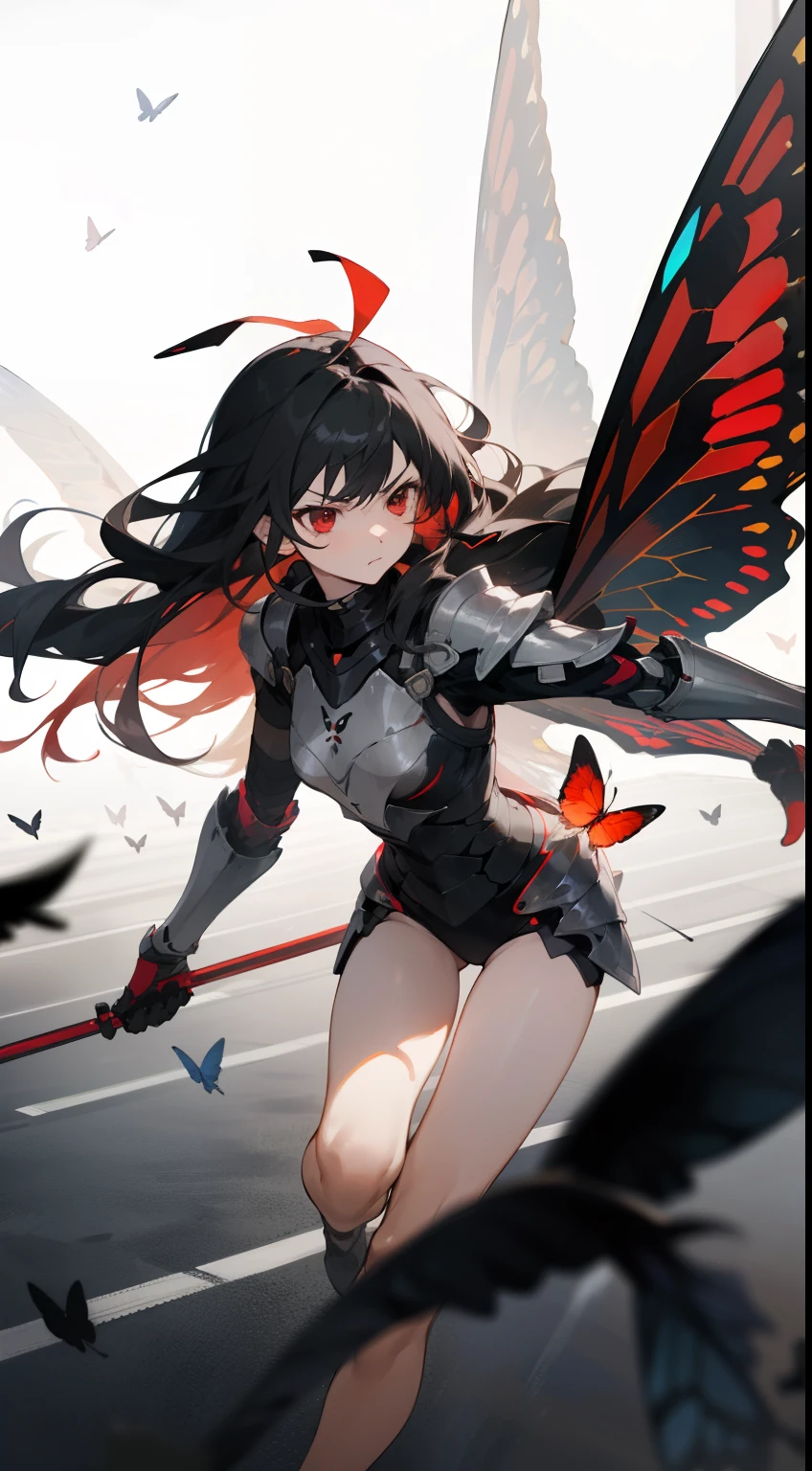 1girl,mature,black armor,medium red butterfly wings, solo, serious,red eyes,black hair,long hair,bare thighs,flying in road,((no butterflys around)),insect antenna