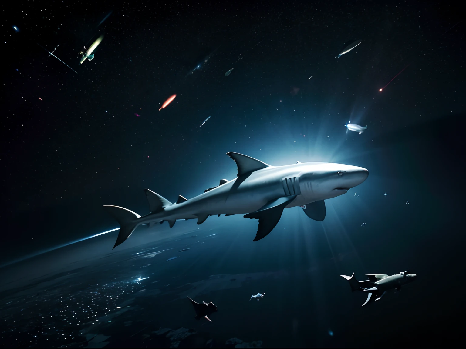 outer space with falling banknotes and sharks flying around