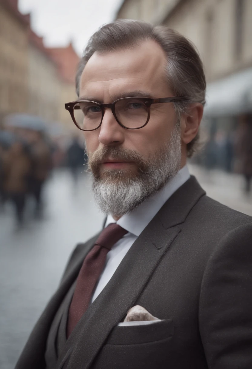 Arafed man with beard and glasses in a suit, Vladimir Motsar, freudiano, inspirado em Albert Bertelsen, Luciano Freud, Rodolfo Belarski, Acionismo vienense, Konstantin Porubov, Laszlo, inspired by László Eloquent, edouard caplain, oil-painting, High resolution 4K, cores vibrantes