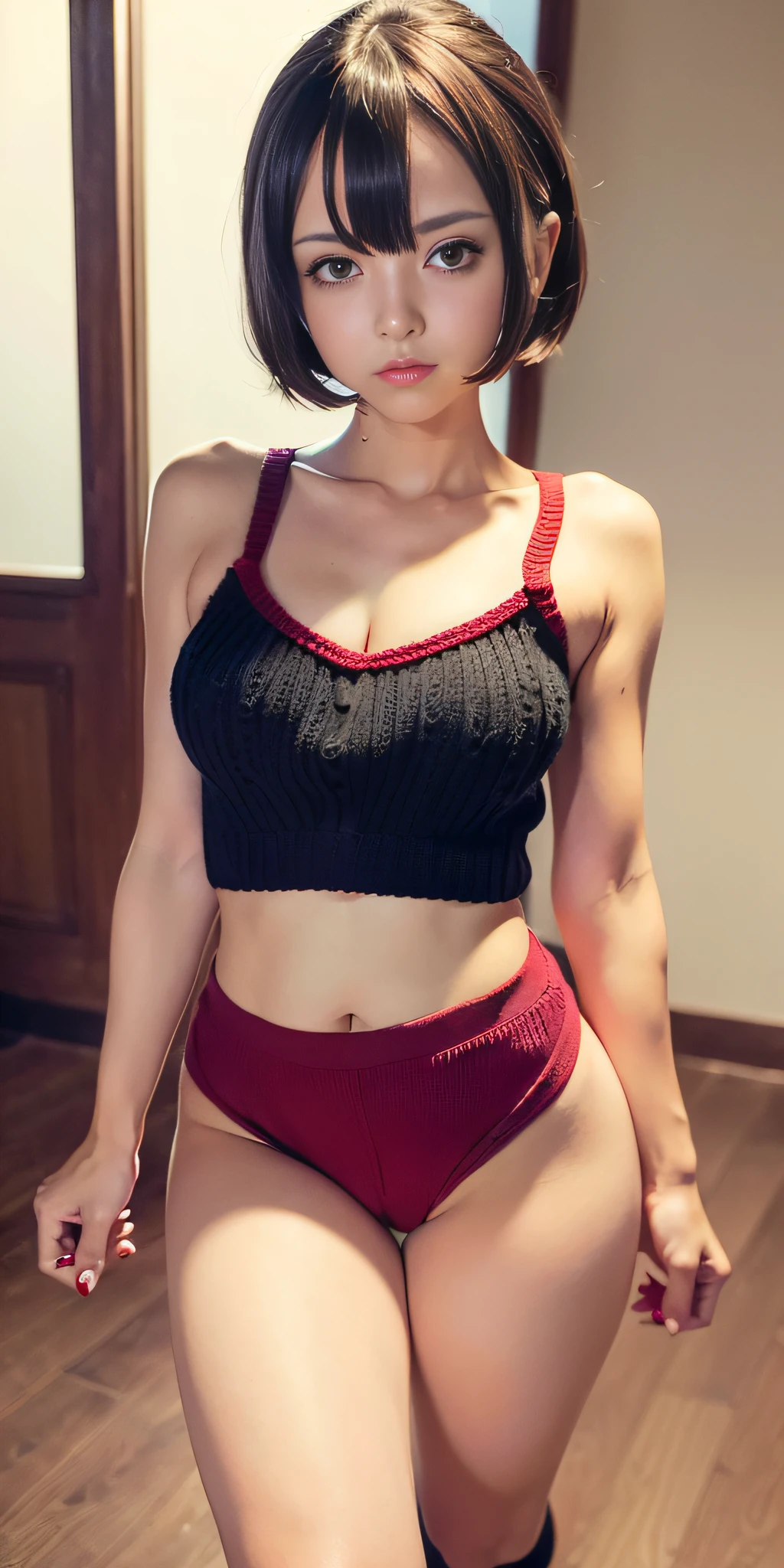 (highest qualityr:1.1), (masterpiece:1.4), close-up, 1woman only, Momovelia Deviluk, Hair Ornaments, Bob Cuts, Short-haired Pink Hair, One Black Eye, Medium Chest, ((Knitted Tops )), Seductive look, bedroom, (red blush:1.2)、embarrassed expression,(((Black high socks))), on the beds,((Thigh-high leggings)),((Denim miniskirt)),(( Sleeveless knitwear))