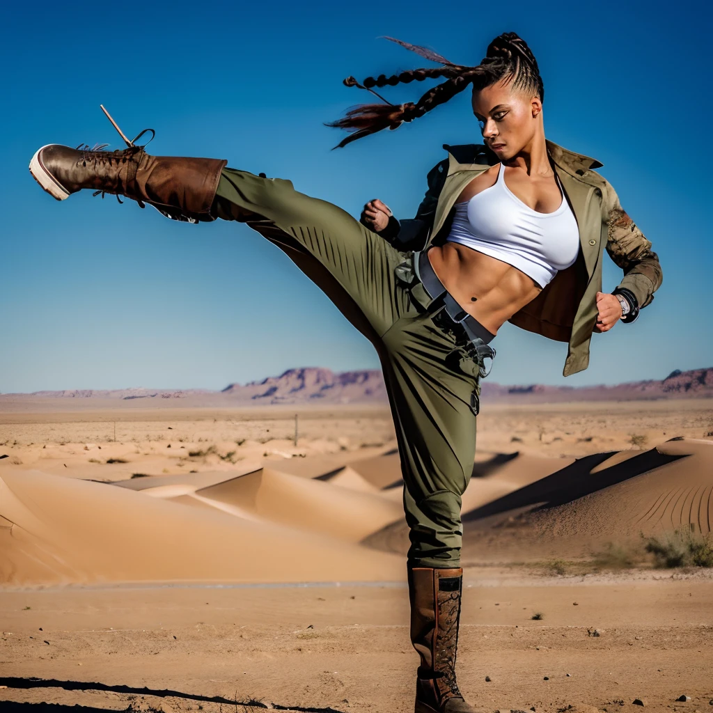 A beautiful athletic woman, doing a high side kick, kicking a thug, dynamic pose, character moving fast leaving of mouvement, blured background, post apocalyptic art, fit muscular ripped body, mohawk and braids hairstyle, White and red hair color, trenchcoat and military boots, punk clothing style greyish color, hands wrapped like boxer, big breasts, in desert, highly detailled, best quality, masterpiece, 8k