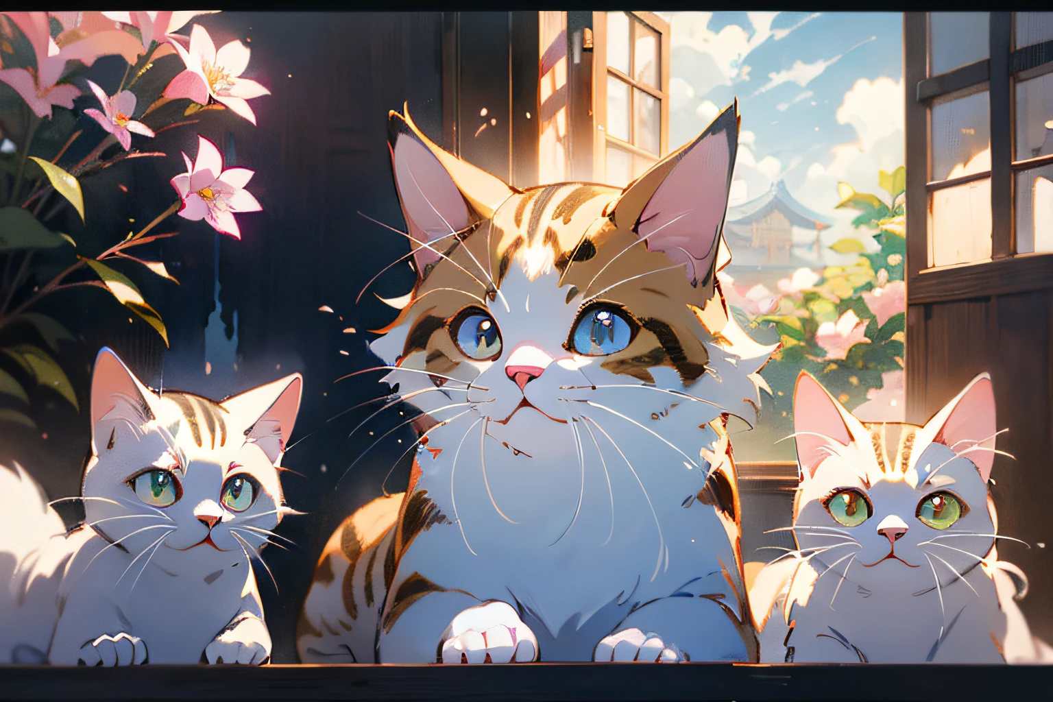 cute white puppet cat, hayao miyazaki dream style, surrealist animal illustration, bow, flowers, window, sky, meiji art, light color color painting, rich layers, realistic figurative painting, realistic hyper-detail portrait style, neo-traditional japan, soft edges, fantastic illustration, (very detailed CG unity 8k wallpaper), clean background, natural light, best quality, hyperdetail,