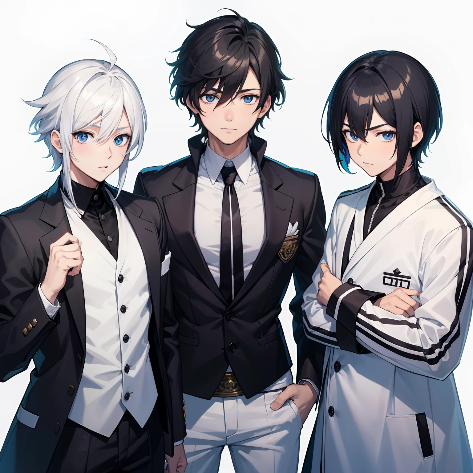 three boys, One of them wears a backwards cap and has black hair, em estilo anime. One of them wears a white suit and white pants with black sneakers and has white hair, em estilo anime. another wears an open white coat and on his head has a crown and on his face has sunglasses and has blond hair. personagem estilo anime, como um personagem de anime, menino anime.