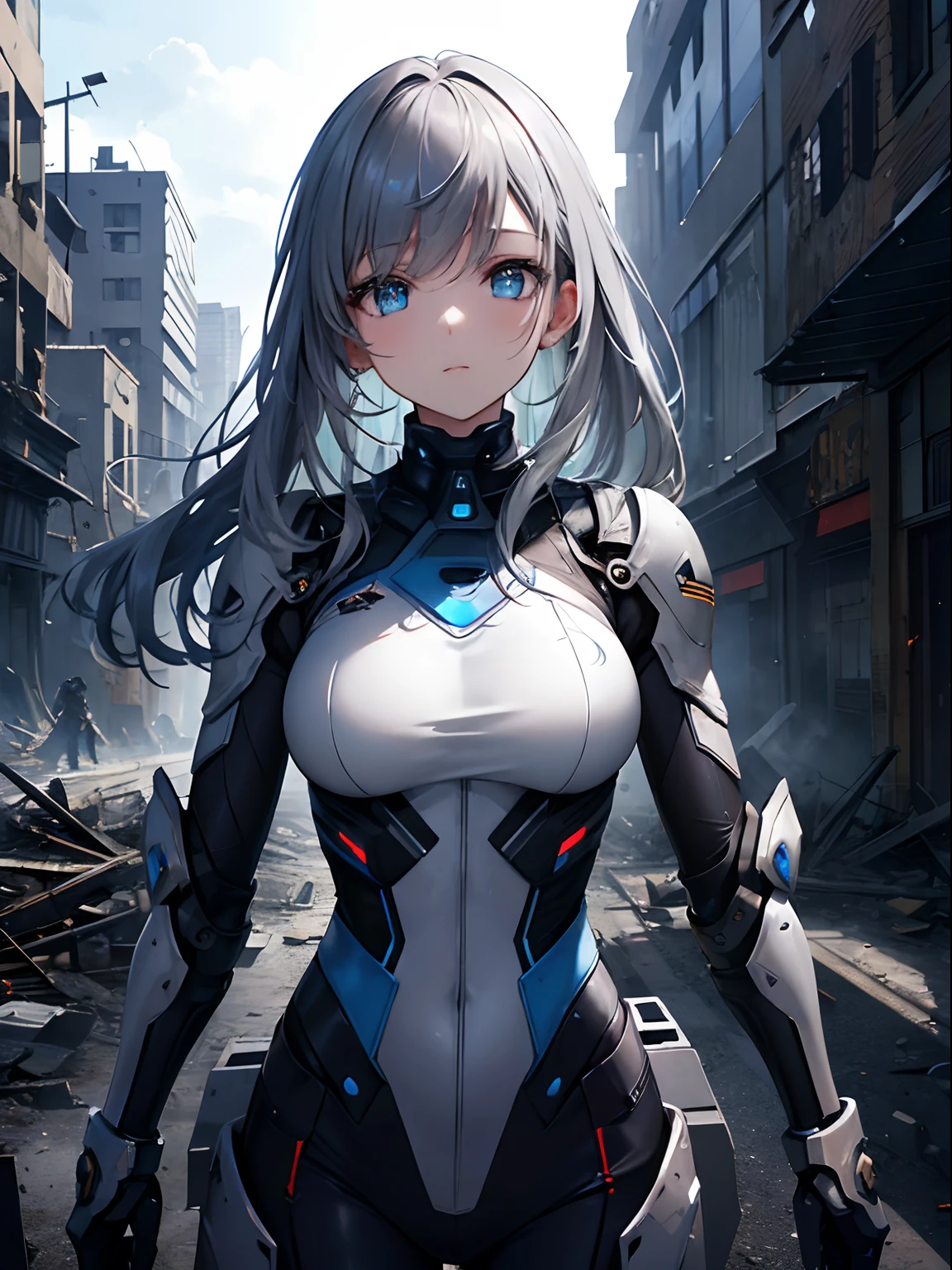 (Masterpiece, Best quality, ultra high resolution),1girl,multiple arms, mechanical arms, futuristic officer uniform, beautiful and detailed face, detailed eyes,in a destroyed city, collapsed buildings, rubble,((grey and blue theme))