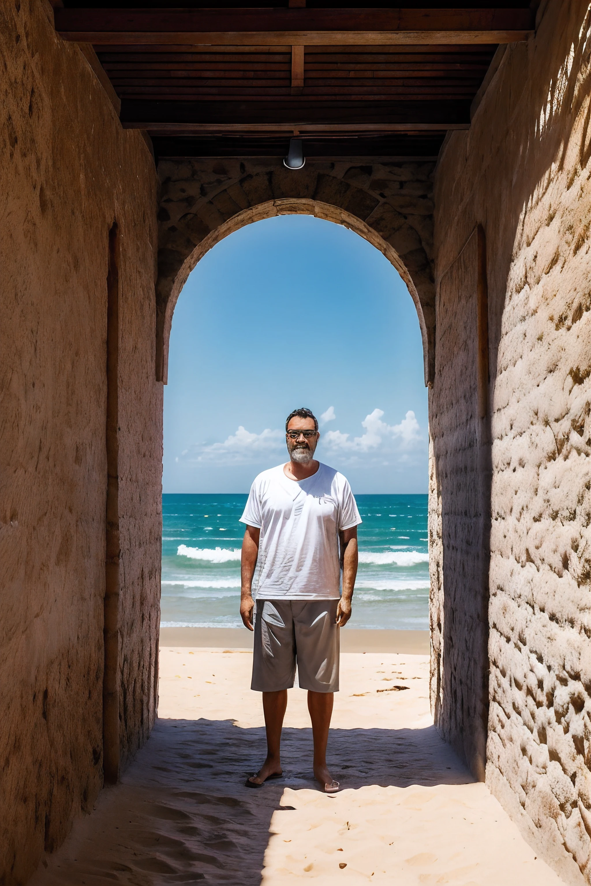 guttoépico2,  a man wearing glasses, vestindo uma camiseta regata, bermuda e chinelos. O HOMEM (((this standing))), de corpo inteiro, (((dentro de uma garrafa de vidro gigante))) em uma praia de areia branca com ondas suaves. A cena deve ser detalhada, destacando o homem, suas roupas e a garrafa de vidro, bem como a beleza da praia com suas areias brancas e o mar calmo. The lighting should reflect a sunny and quiet day. Por favor, provide a vivid and captivating description of the scene.