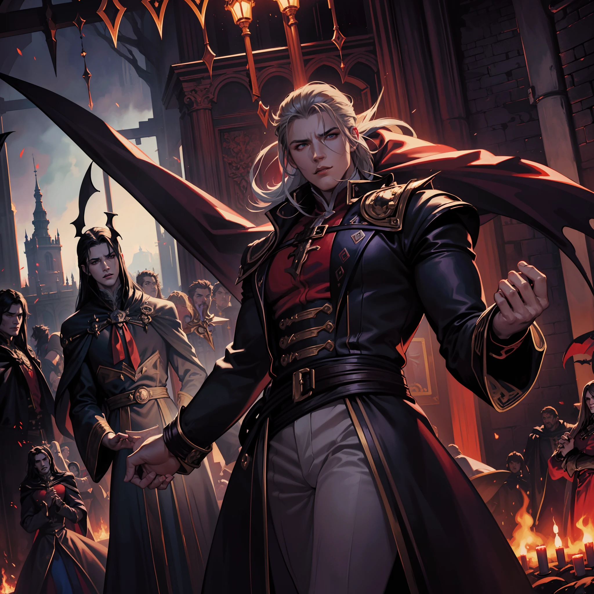 Castlevania Shadow Lord hyper realistic super detailed Dynamic shot masterpiece cinematic scene scenes movie Epic Legendary portrait shot of Lord Dracula chatting seriuly with demons hell on battle War hyper realistic super detailed faces hyper realistic super detailed poses hyper realistic super detailed hands Anatomy correct proportions muscular very handsome men Marvel comics style