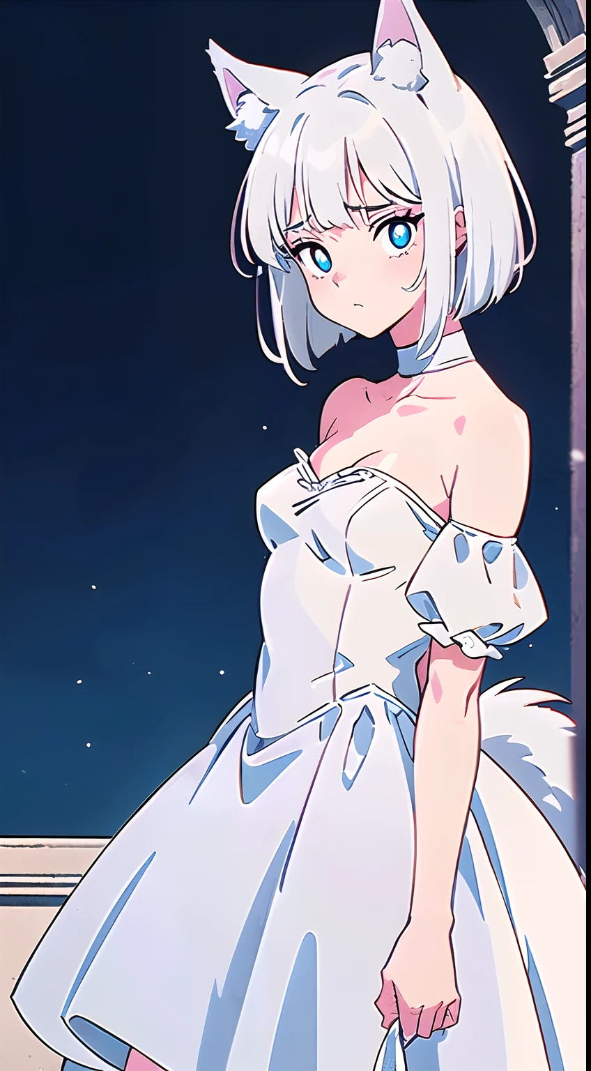 High quality, 1girl, ((((Candy Candy anime style)))), (wolf girl, wolf ears, wolf tail), animal ears, animal tail, ((((short hair)))), ((silver white hair)), hair clip, ((hair tap eye)), ((blue eyes)), long eyeslashes, eyeliner, (((small breasts, nude, no clothes, small snipples, pussy))), solo, ((waiting pose, looking at something)), ((worried, sad expression, mellancholic look, blue eyes)), dynamic angel, (bedroom background, bed, darkblue, moonlight), closed_mouth, blush, eyelashes, detailed shadows, detailed eyes, detailed lines, detailed body, (((Anime retro style, anime coloring, 4K))).