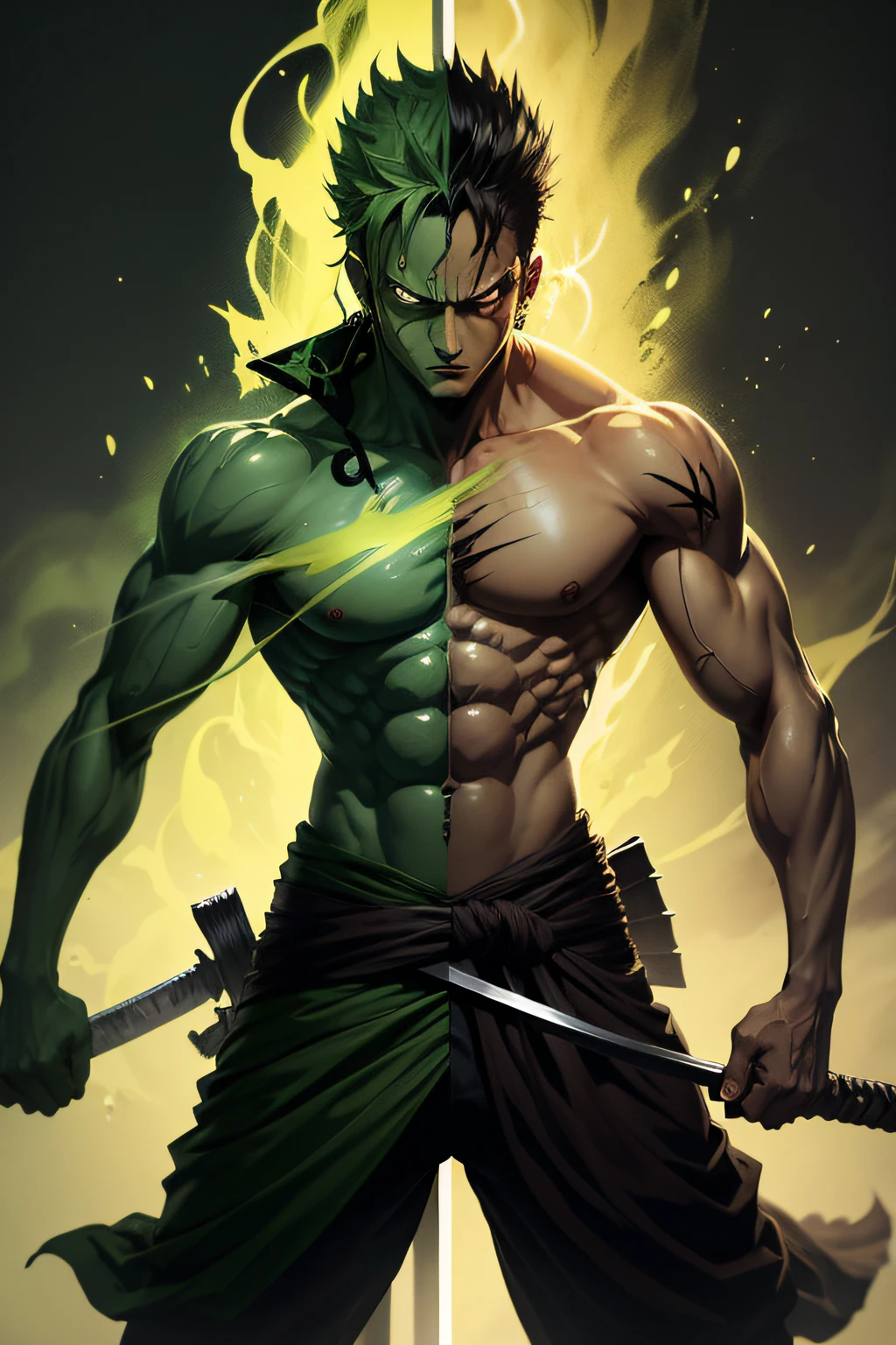 One Piece Zoro character in Ashura mode with swords in hand ready for combat with a green and black aura around his body transforming into the silhouette of death