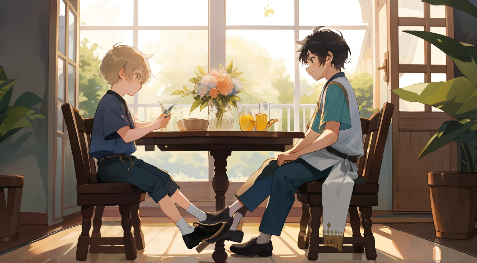 imagem HD, Muitos detalhes, children's youthful style, olhos azuis fortes e vibrantes, Indoor dining, Two short-haired boys sitting on the floor, usando moletons brancos finos e meias pretas para os joelhos, sorridente, black shoes, profundidade de campo, whole body view.