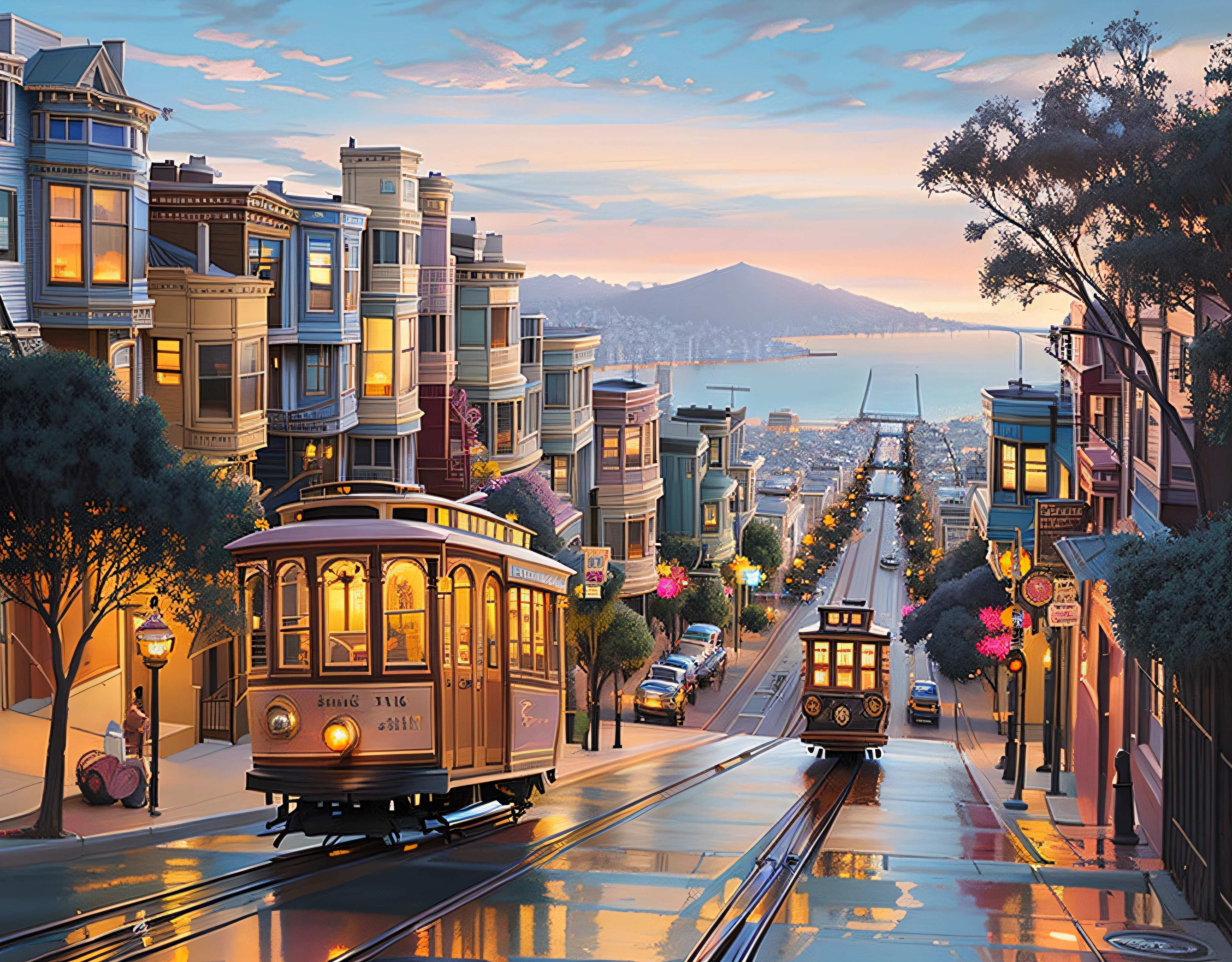 painting of a trolley car on a city street at dusk, san francisco, thomas kindkade, by Brian Thomas, by David B. Mattingly, by F Scott Hess, beautiful cityscape, ( thomas kincade ), thomas kinkade. highly detailed, victorian city, thomas kincade, by Don Reichert, by Howard Lyon, james gurney painting style