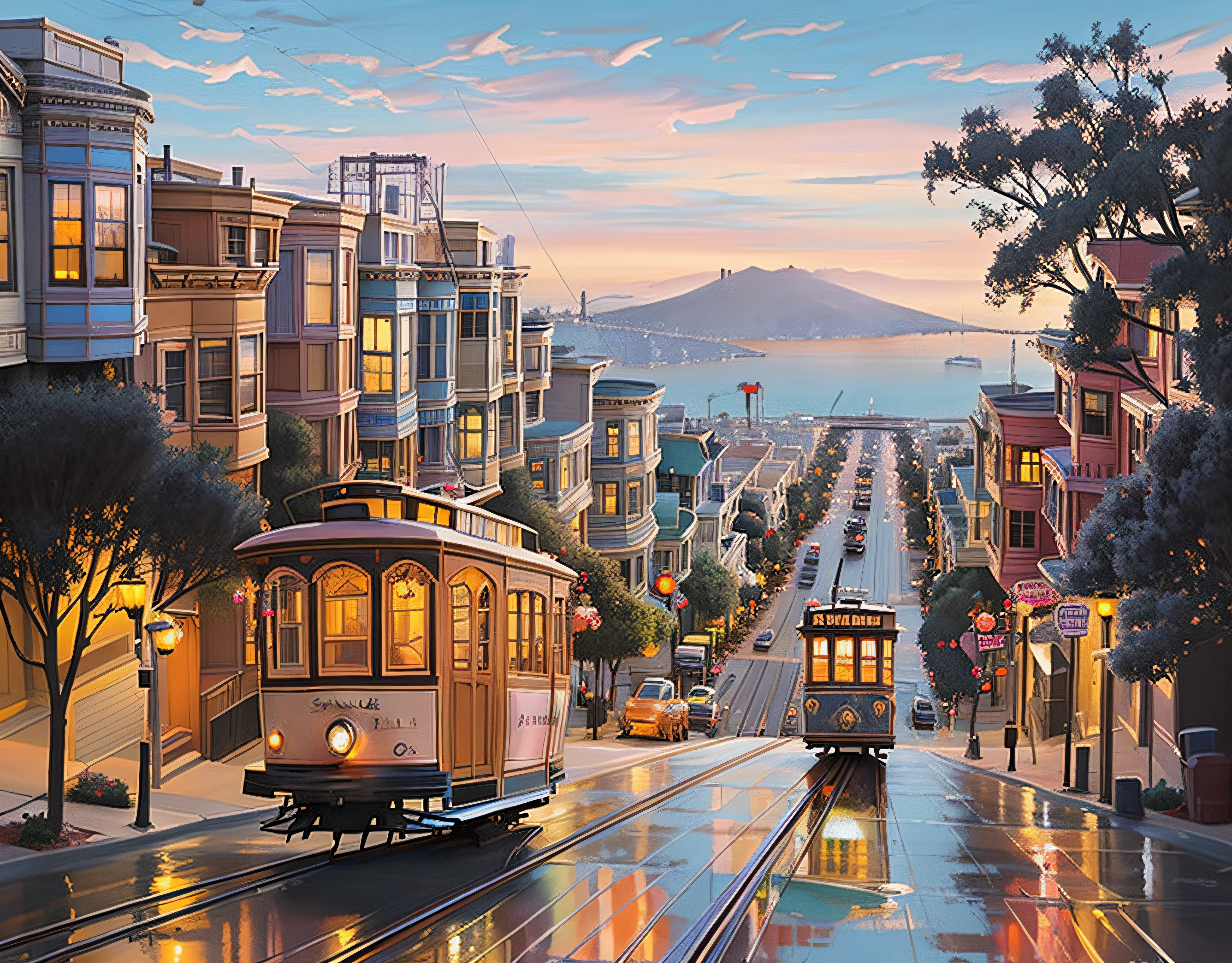 painting of a trolley car on a city street at dusk, san francisco, thomas kindkade, by Brian Thomas, by David B. Mattingly, by F Scott Hess, beautiful cityscape, ( thomas kincade ), thomas kinkade. highly detailed, victorian city, thomas kincade, by Don Reichert, by Howard Lyon, james gurney painting style