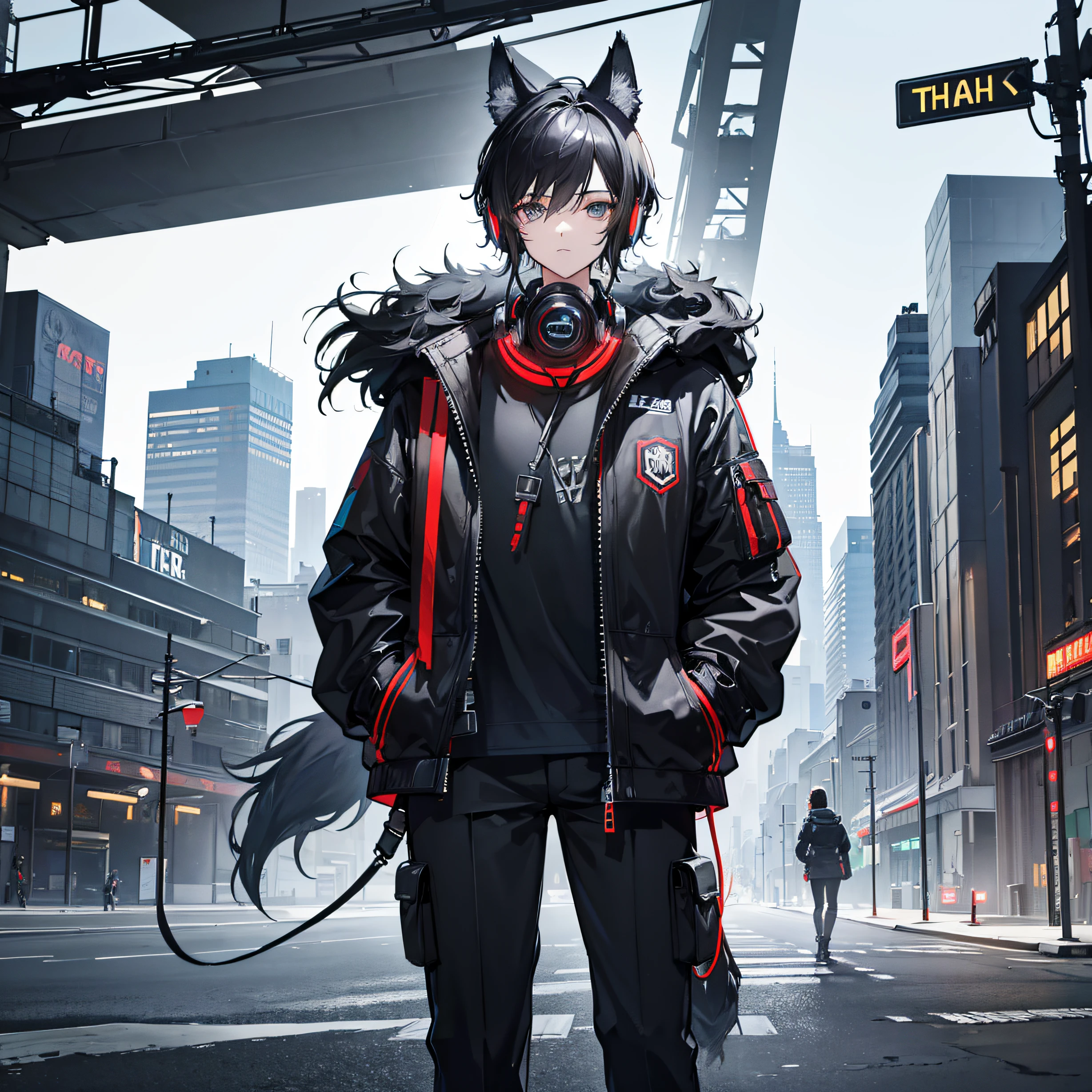 Masterpiece, high res, Short black hair, the body of a young man, Sci-fi jacket, black pants, headphones around neck, wolf ears on head, wolf tail, Sci-fi city background.