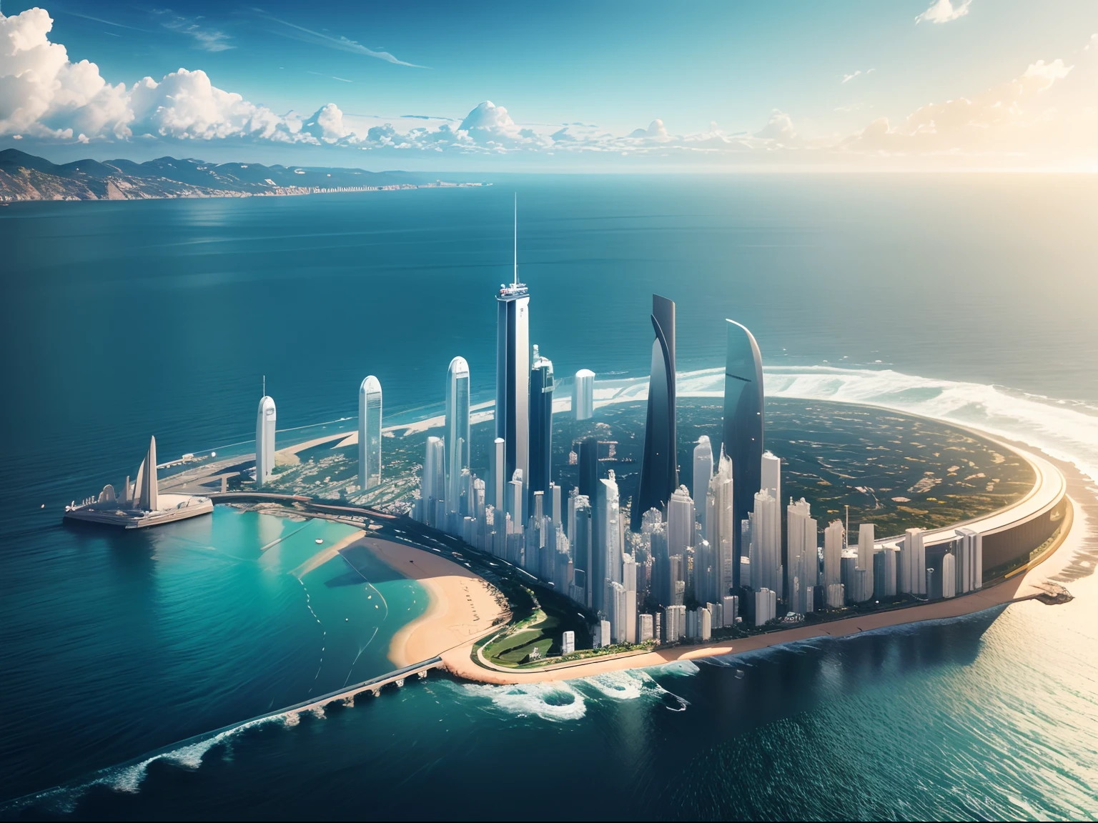 Cidade de ferro no meio do oceano atlantico,sense of science and technology,cidade do futuro no meio do oceano,There are spaceships in the sky,There are modern ships at sea. Mulher bonita olhando para fora sobre a cidade。