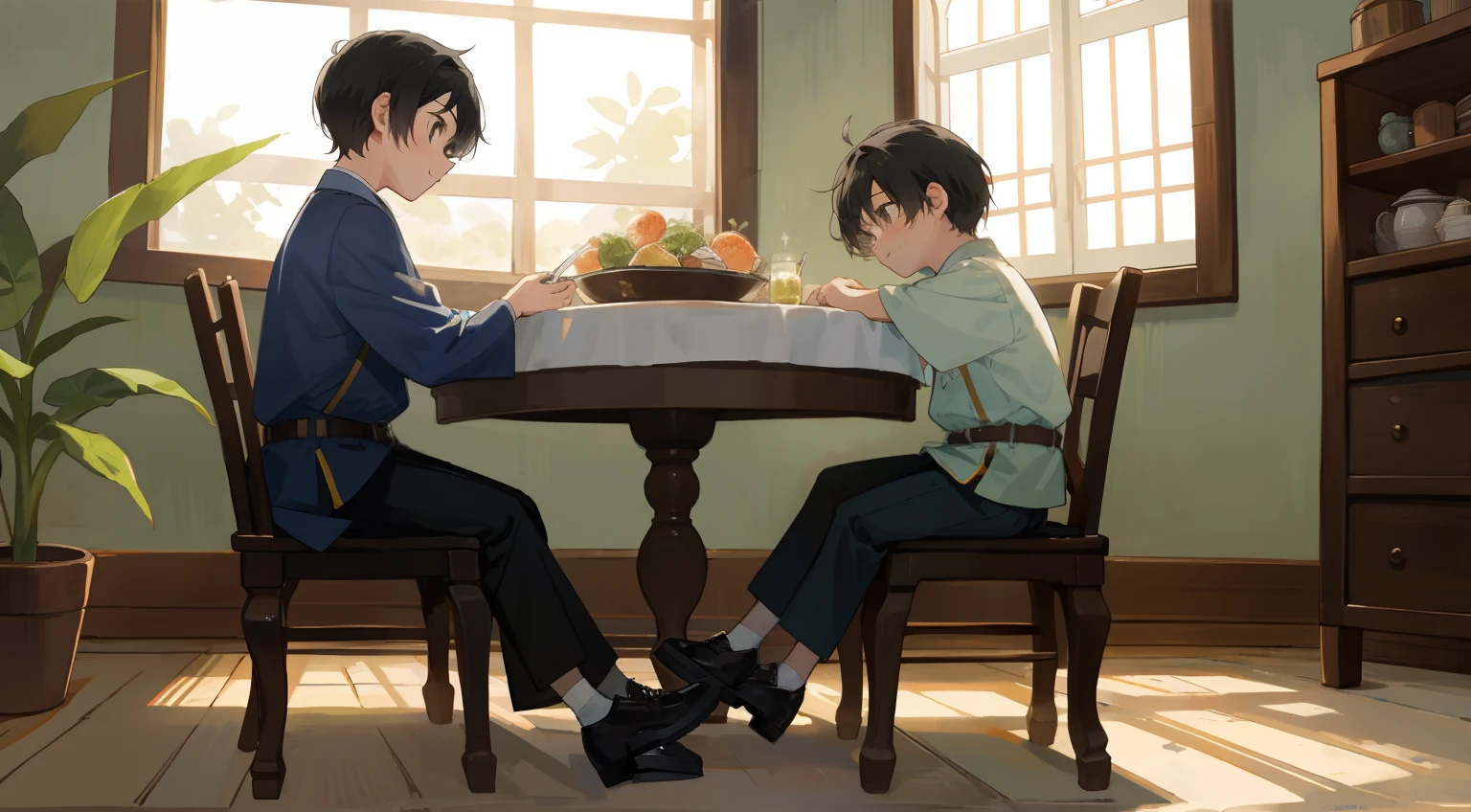 imagem HD, Muitos detalhes, children's youthful style, olhos azuis fortes e vibrantes, Indoor dining, Two short-haired boys sitting on the floor, usando moletons brancos finos e meias pretas para os joelhos, sorridente, black shoes, profundidade de campo, whole body view.