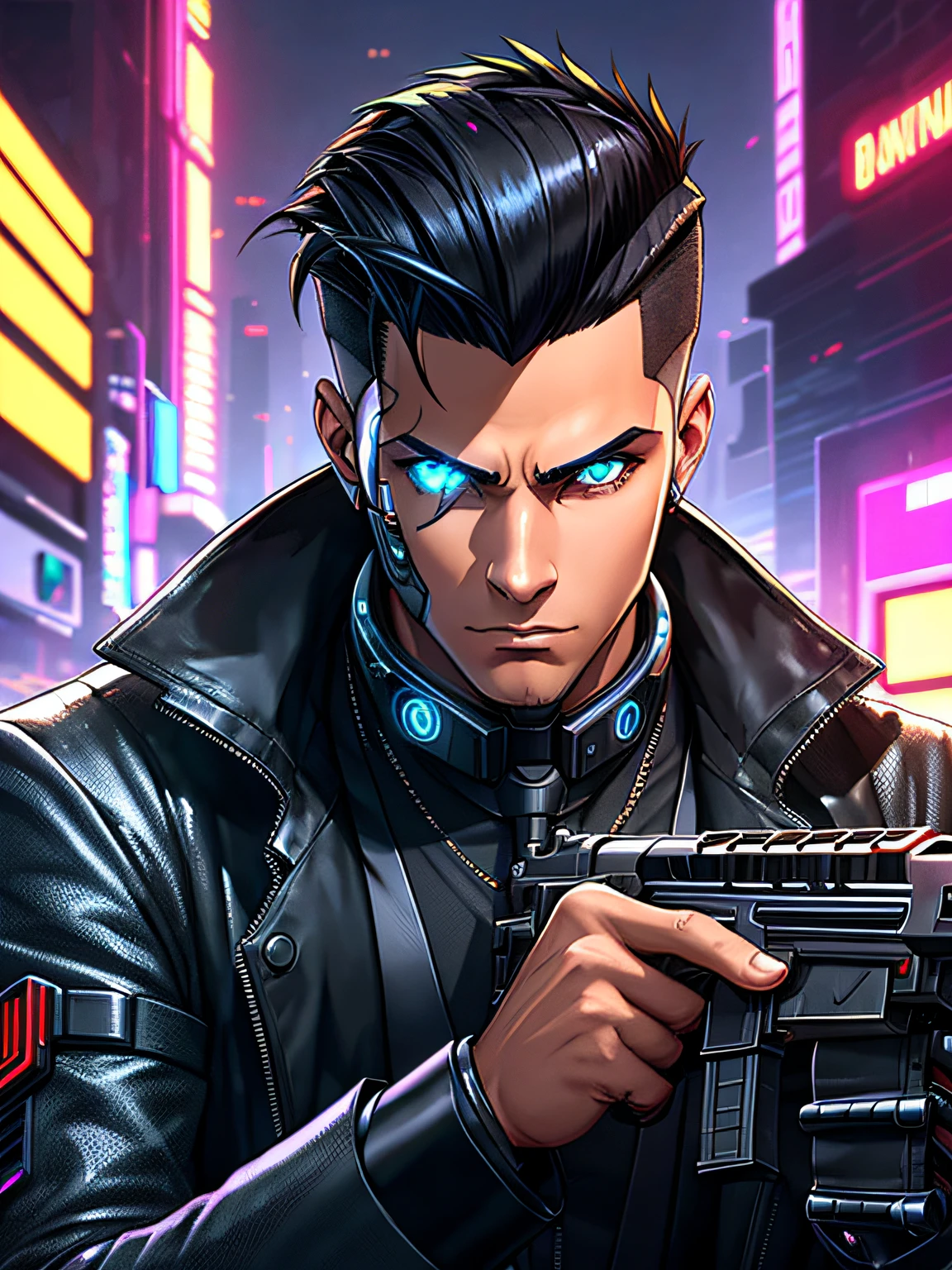 Latino male, holding up a sub-machine gun, dressed in high fashion cyberpunk business suit, with black hair short and shaved on the sides, with one cybernetic eye