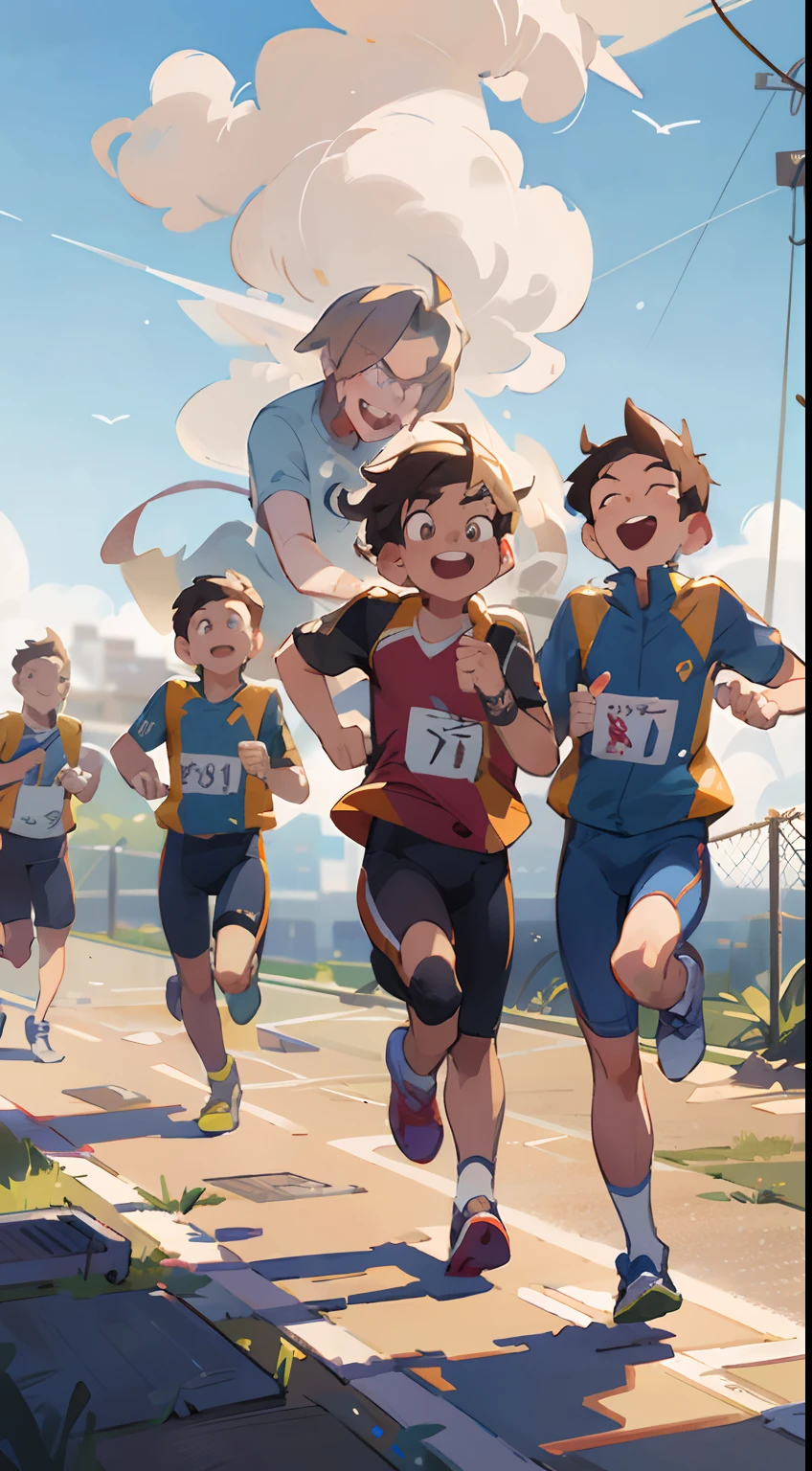 Masterpiece, extremely high detail, (best quality: 1.2), realistic, realistic, ultra-detailed, ray tracing, high resolution, sharp focus, 8k, vibrant, intricate, sharpness and clarity, realistic, marathon, young men, smiling, smiling running, 4 young men running, sportswear, clouds, sun, clean blue sky,