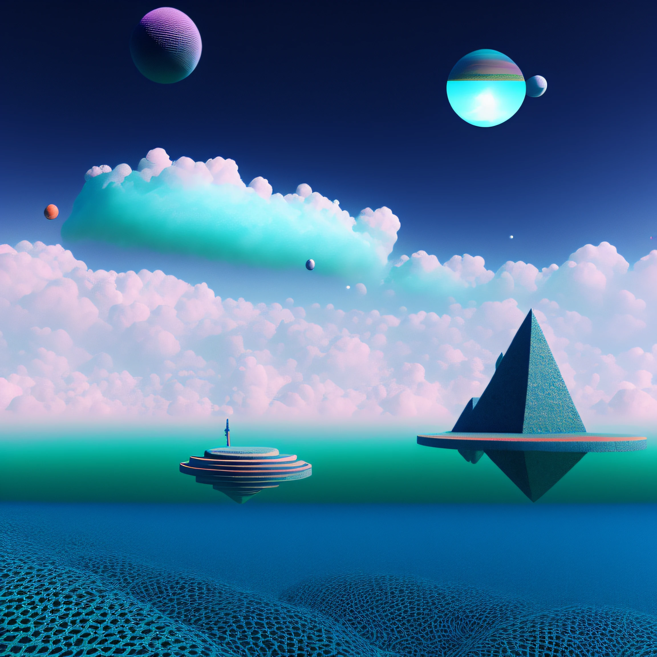 Hay un hombre parado en el agua con una estatua en el fondo, arca album cover, Abstract hidden epic composition, inspirado por Mike Winkelmann, Surrealista 3D render, ser cosmico, DMT Images. Renderizado de octanaje, inspirado por Hieronim Bosch, Neosurrealismo. Arte digital, quality astral projection render