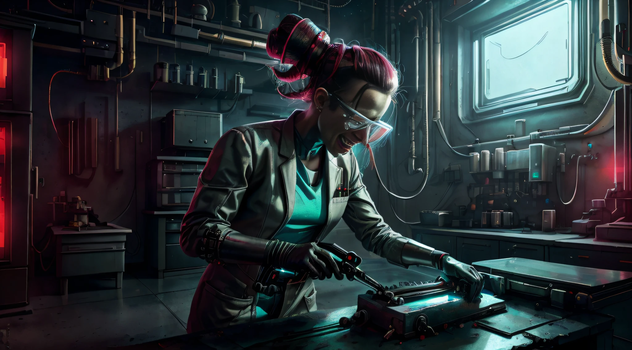 RAW full portrait of a mad scientist woman opening a medium metal box with a saw, laboratory room, protective glasses, scientist suit, laughing, cyberpunkai, (soviet propaganda:1.2), backlighting, hair bun, artstation, award winnig, (photorealistic:1.2), unreal engine, sharp focus, 8k uhd, shot with Canon EOS 5D Mark IV