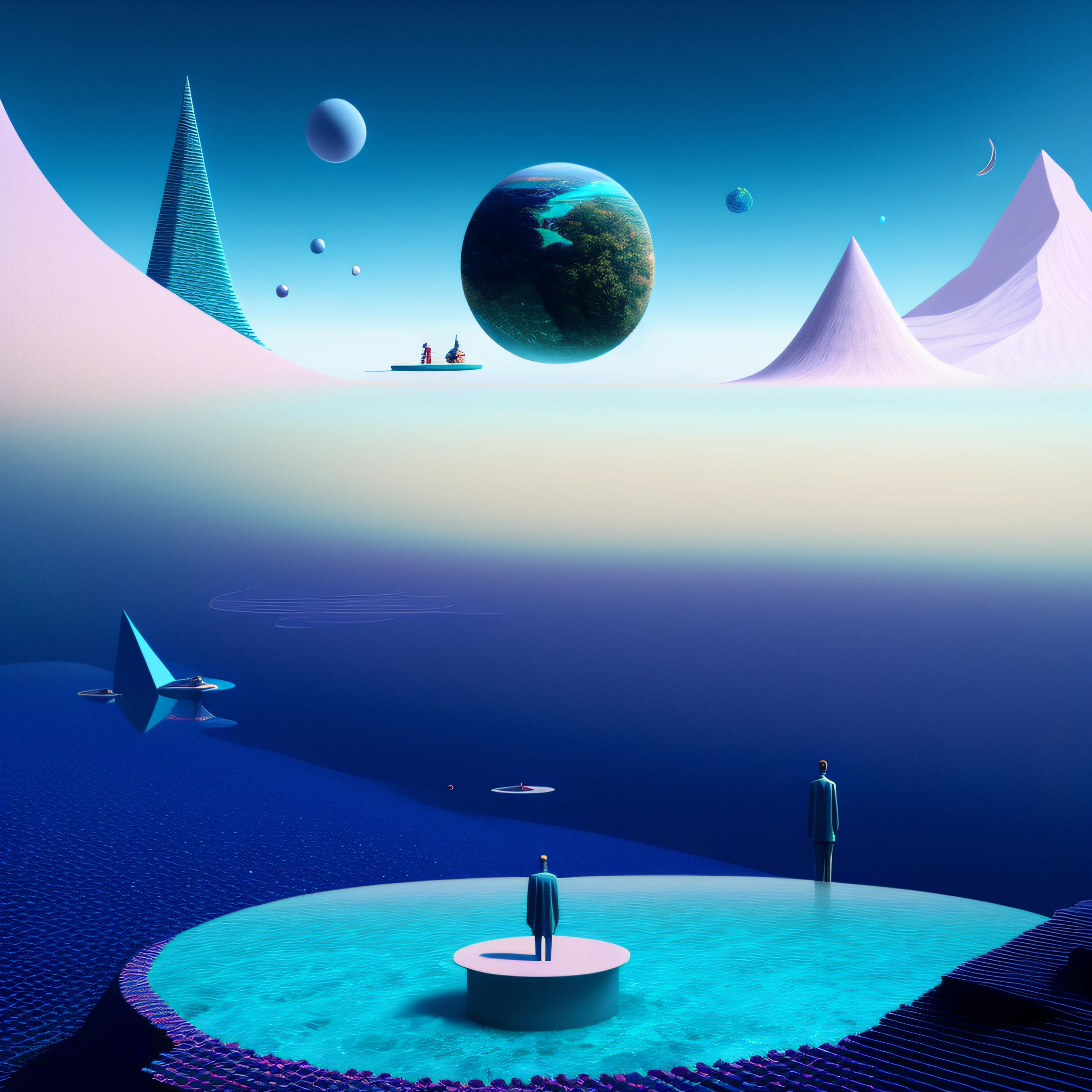 Hay un hombre parado en el agua con una estatua en el fondo, arca album cover, Abstract hidden epic composition, inspirado por Mike Winkelmann, Surrealista 3D render, ser cosmico, DMT Images. Renderizado de octanaje, inspirado por Hieronim Bosch, Neosurrealismo. Arte digital, quality astral projection render