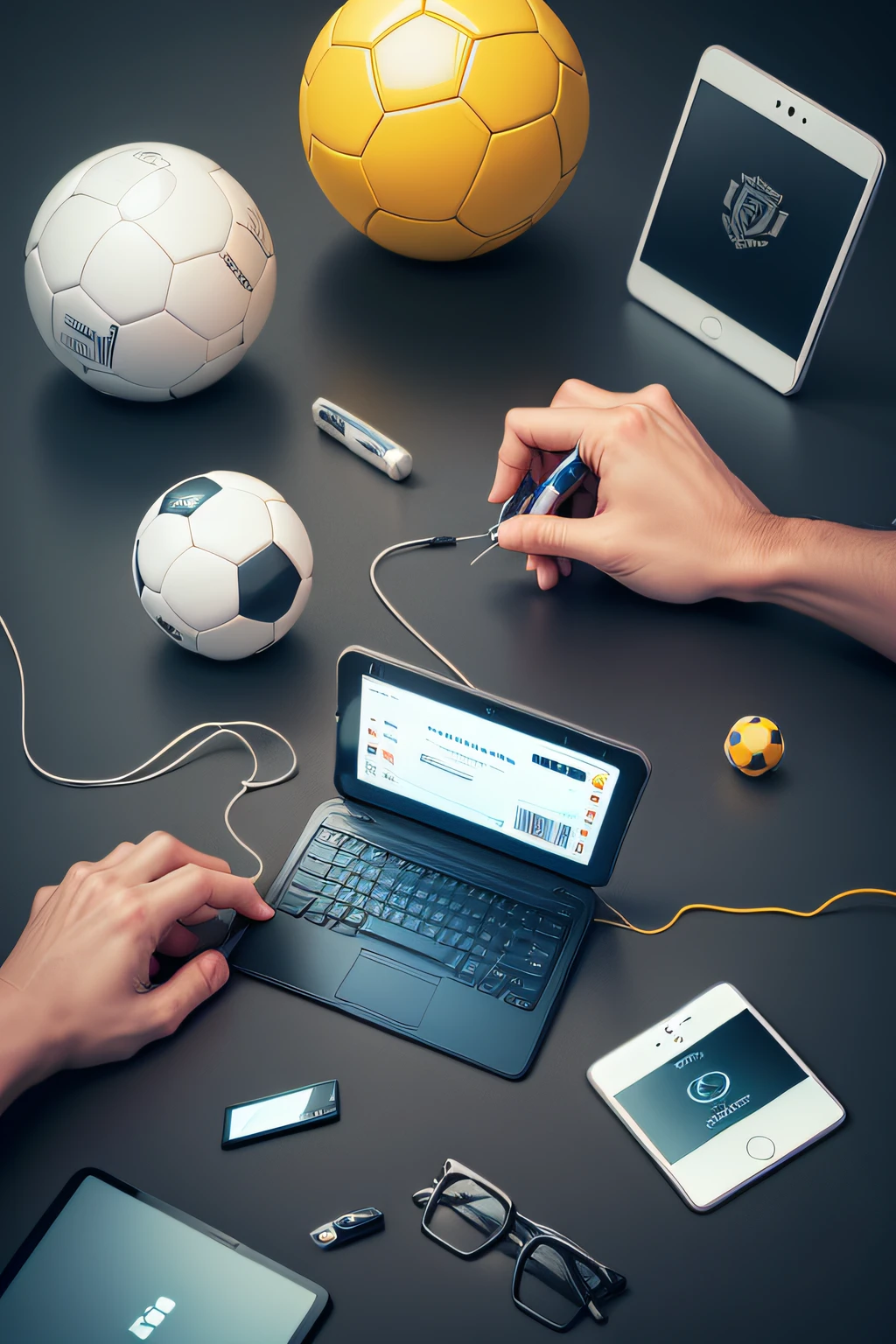 with icons representing electronic devices (celulares, tablets) on one side and offline activity icons (livros, bolas de futebol) do outro.
