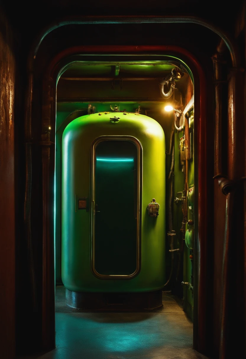 please generate a dark environment of a submarine capsule, there is light glowing neon lights from various warning lights. rivets in the wall / made of steel / no windows only an opening for the bathroom and a locked door