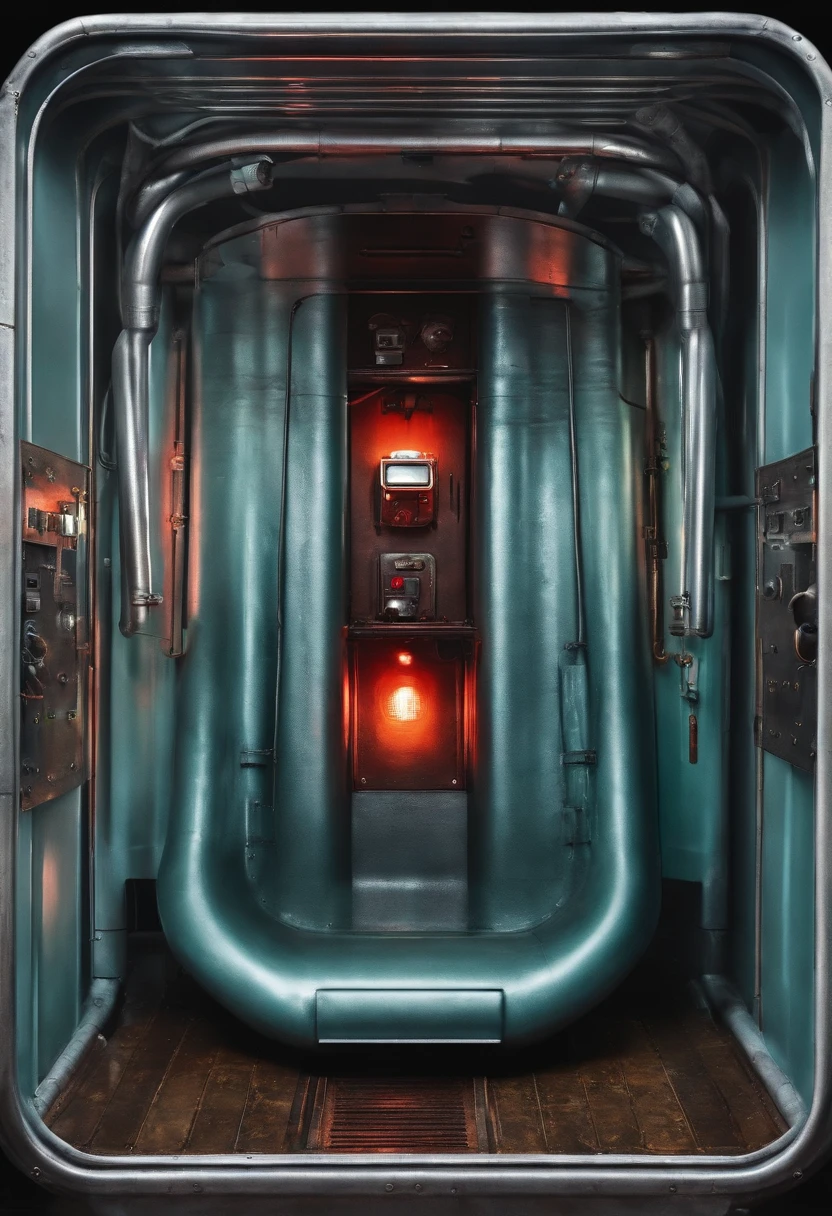 please generate a dark environment of a submarine capsule, there is light glowing neon lights from various warning lights. rivets in the wall / made of steel / no windows only an opening for the bathroom and a locked door