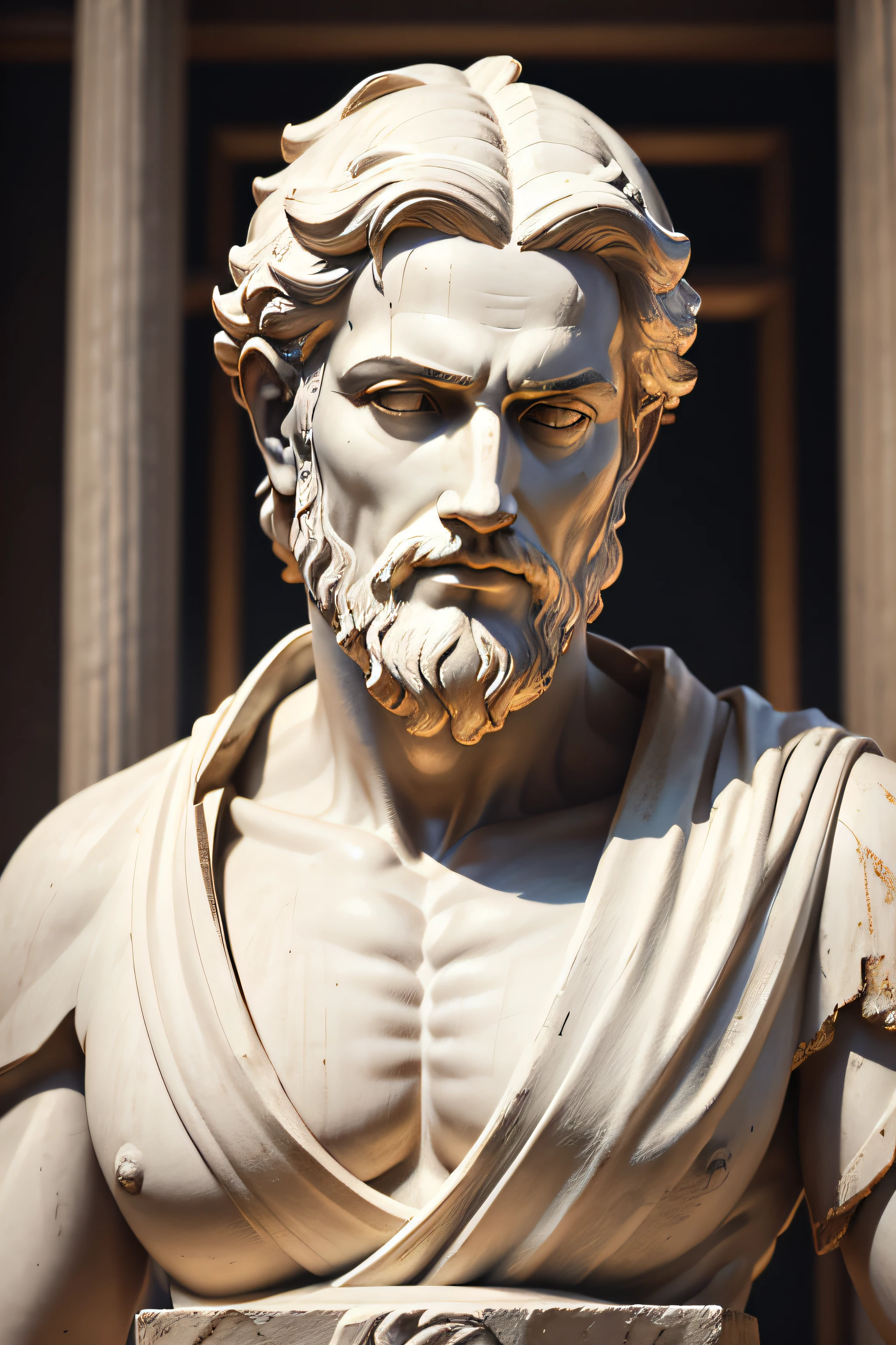 Epictetus, Close-up of a classical wise philosopher, Statue in a temple, postura estoica,corpo todo, body asthetic deus grego, wisdom, cinematic feel, preto e branco, ultra realistic, Ultra detalhado e artesanal em todos os aspectos, Escuro