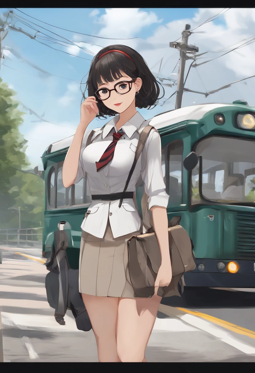 masterpiece, best quality, ultra-detailed, illustration,, (paisura:1.4), 1girl, naked, glasses, large breasts, necktie, skirt, bag, school uniform, black hair, outdoors, road, between breasts, street, school bag, ground vehicle, danchi, japan,,