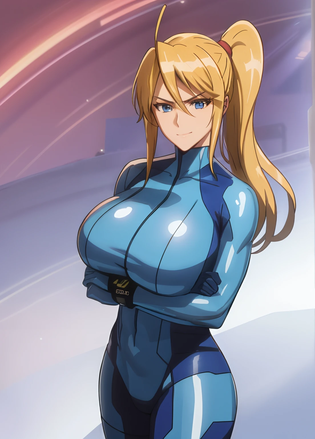 samus aran, ponytail, hair tie, blue gloves, ((blue bodysuit)), high heels (masterpiece, best quality:1.4), (modern days), (cowboy shot), 1girl, solo, pov, stunning girlfriend, (standing:1.1), dynamic pose, heart shaped face, elegant face, beautiful face, highly detailed face, highly detailed skin,   huge breast, smug smile, looking at viewer,16k hdr,hands on hips, curvy, hands under breasts,space ship