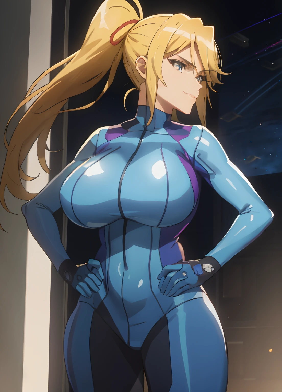 samus aran, ponytail, hair tie, blue gloves, ((blue bodysuit)), high heels (masterpiece, best quality:1.4), (modern days), (cowboy shot), 1girl, solo, pov, stunning girlfriend, (standing:1.1), dynamic pose, heart shaped face, elegant face, beautiful face, highly detailed face, highly detailed skin,   huge breast, smug smile, looking at viewer,16k hdr,hands on hips, curvy, hands under breasts,space ship