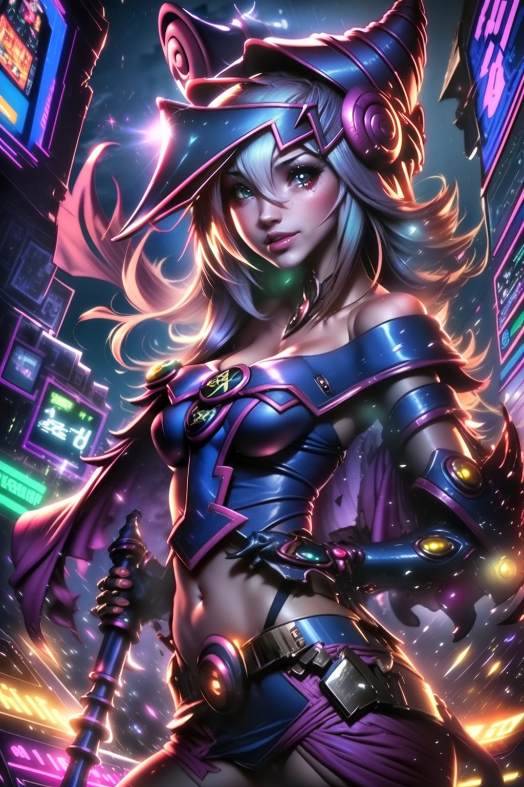 Dark magician cybernetic girl with electric eyes, burning metallic hair, piel iridiscente con patrones de circuitos, nails sharp as claws, y una mirada misteriosa. The neon light of the environment reflects on its metallic curves as it rises majestically over a futuristic landscape filled with glittering skyscrapers, bustling streets and flying vehicles. The city is illuminated by a starry sky and a full moon, which add a touch of cosmic charm. The cybernetic woman emanates an aura of power and mystery, evoking the sense of a technological and fascinating future. The image will be executed as a high-resolution photograph, capturing every detail of the cybernetic woman and the environment around her. The photographic style will emphasize neon lighting and metallic sheen, conveying a futuristic and technological atmosphere. The latest generation camera will be used to capture the image, ensuring sharp detail and vibrant colors. Dark magician girl ciberpunk