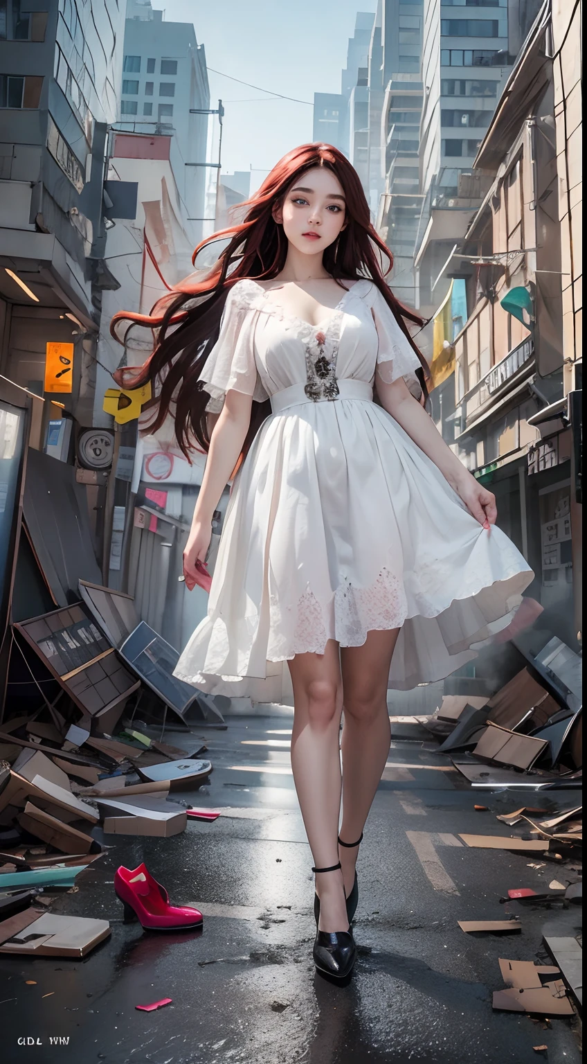 high quality, masterpiece, exquisite, 8k, highly detailed, Digital art, realistic,photo realistic, look at the front,ultra realistic, a 20 years old girl,peaceful face,big eyes,long eyelashes,wearing a white dress,black shoes,(deep blue eyes),(red hair),(short hair),flat chest, (futureristic city), (destroyed city), neon glow,floating many debris