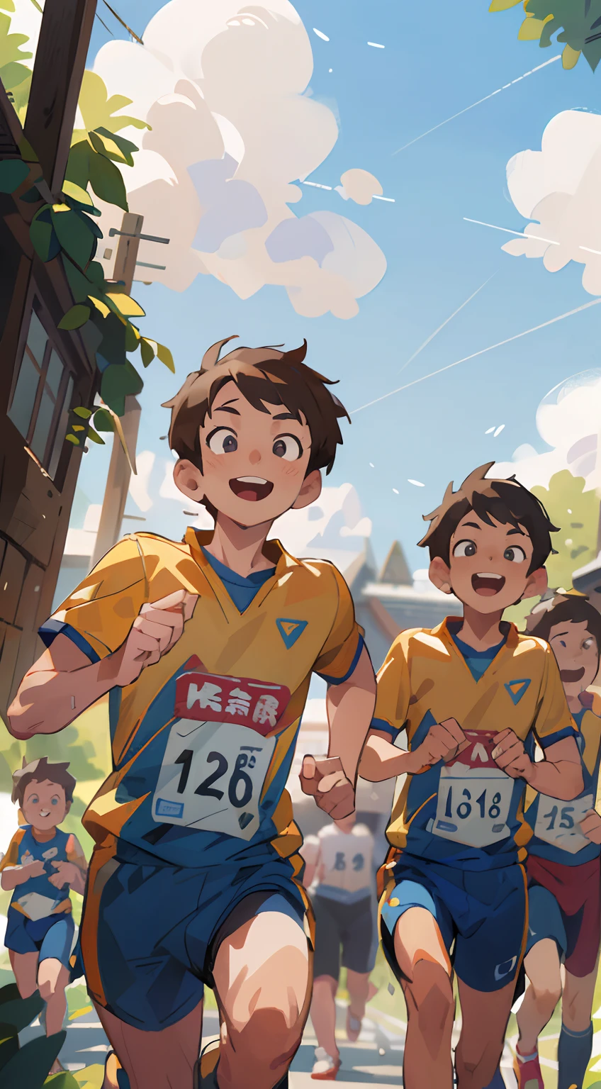 Masterpiece, extremely high detail, (best quality: 1.2), realistic, realistic, ultra-detailed, ray tracing, high resolution, sharp focus, 8k, vibrant, intricate, sharpness and clarity, realistic, marathon, young men, smiling, smiling running, 4 young men running, sportswear, clouds, sun, clean blue sky,