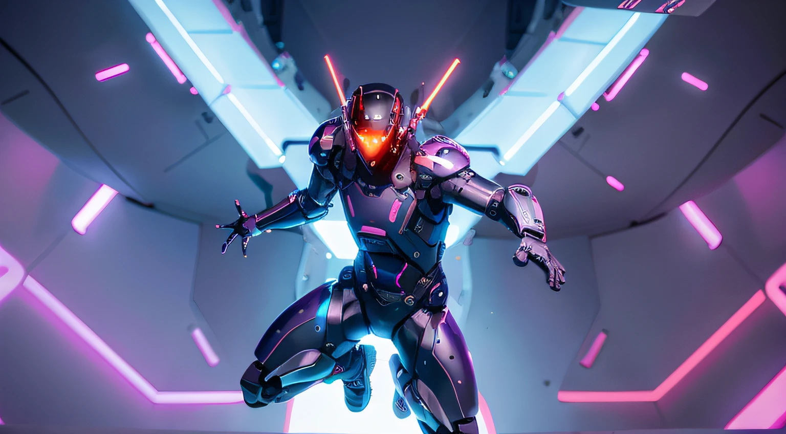 divine paradise. heavenly illumination. God. Holy robotic. Flying. Position of Jesus Christ. Floating in a cathedral. strong, robust and masculine body. fat arms. Position of divinity. Floating. flying. masterpiece, best quality, a close up of a futuristic looking cyborg man with a fantastic cyber helmet head with red and blue triangle led lights and a halo, full body, dancing. dance. synthwave ballad. silver pants. wearing a red and blue techwear jacket, white church in background. jump, full body, robotic legs.