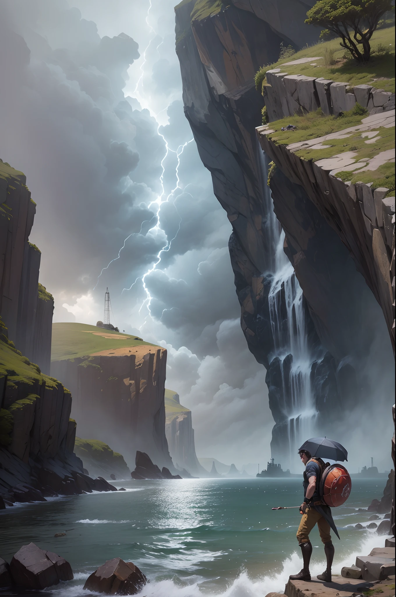 "Descreva um jovem aventureiro loiro, macho, vestindo roupas de aventureiro, empunhando um arco e flecha, in a realistic scenario with a raging storm and challenging weather factors."
