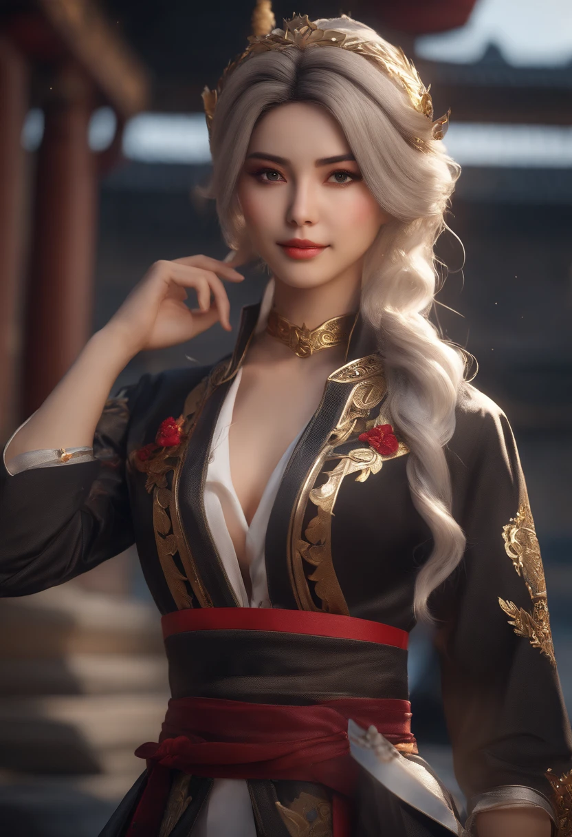 a skinny girl, latin face, suit, smile you can see the teeth, wavy hair, full body, very detailed body, very detailed face, shiny skin, detailed_eyebrows, beautiful_eyes, realistic skin, ultra-realistic, sharp and highly detailed focus, 8k, shogun raiden from genshin impact cosplay