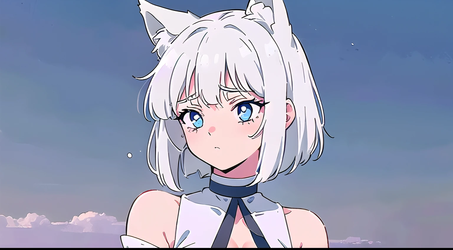 1girl, (wolf girl, wolf ears, wolf tail), (silver white hair)), hair clip, (hair tap eye), long eyeslashes, eyeliner, (((small breasts, antique dress with bare shoulders))), solo, full body, ((standing)), (blue eyes, worried, sad expression, melancholic look), portrait, close-up, (white_background, simple background), face, closed_mouth, looking_at_viewer, blush:1.5, eyelashes, shiny, ((((short_hair)))), head_tilt, detailed shadows, (((manga style, manga coloring))).