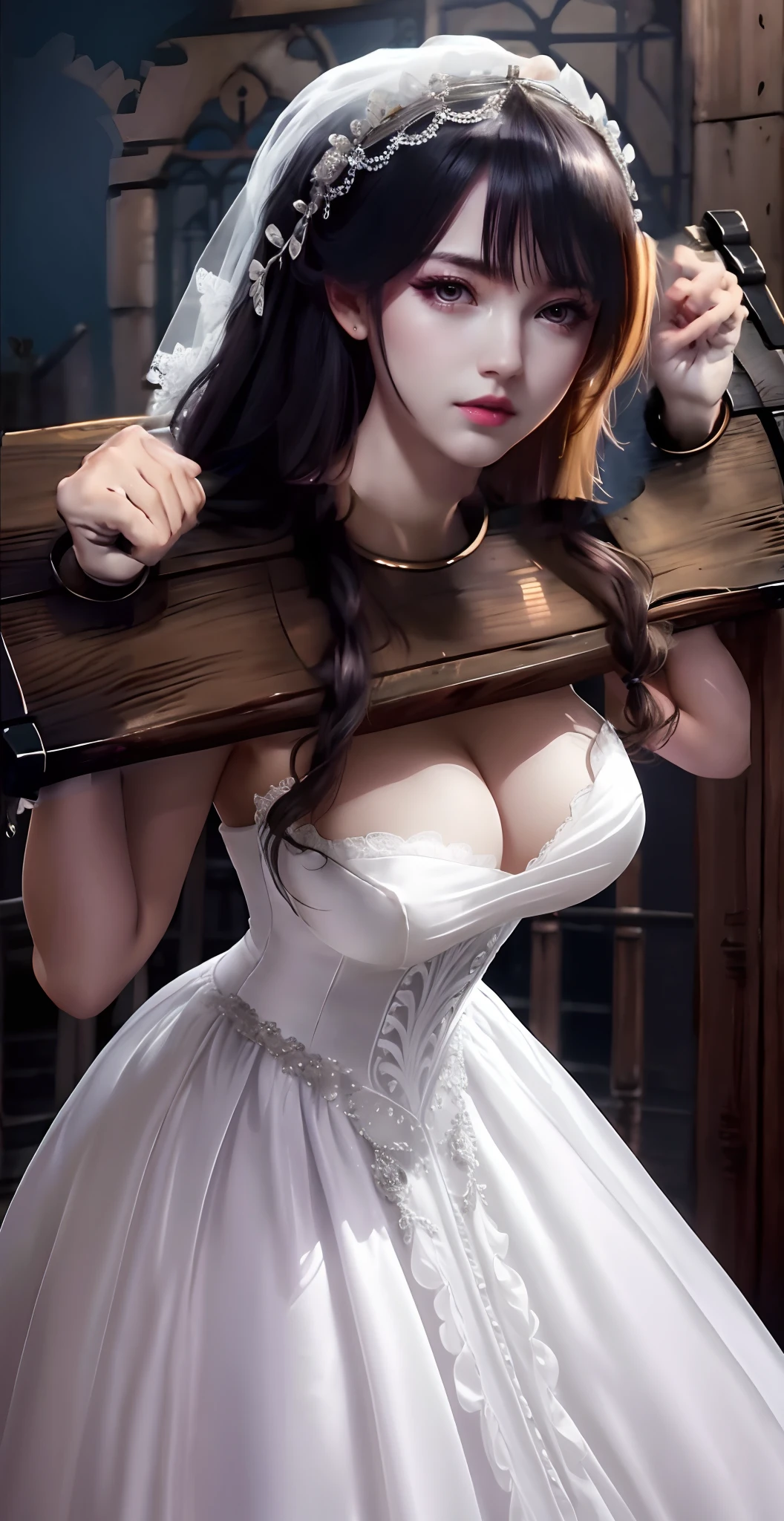 Close-up of a beautiful bride in a beautiful wedding dress, Gurvetz,（ pillory：1.5）, Flail on the head, Flail on the hands, Flail,(Bridal veil: 1.5), (Short transparent veil: 1.5), Flushed face, Head flower, head gear, (Tubular wedding dress: 1.5), (Silk dress: 1.2 ), (Strapless wedding dress: 1.5), Pure white dress, necklace, Earrings, (Huge breasts: 1.3), Deep V heart collar wedding dress, bangs, lipstick, (Lace gloves: 1.3), Full body photo, High detail RAW color art, a white long skirt, Whole body, with hands behind her back, and floor-length skirts,