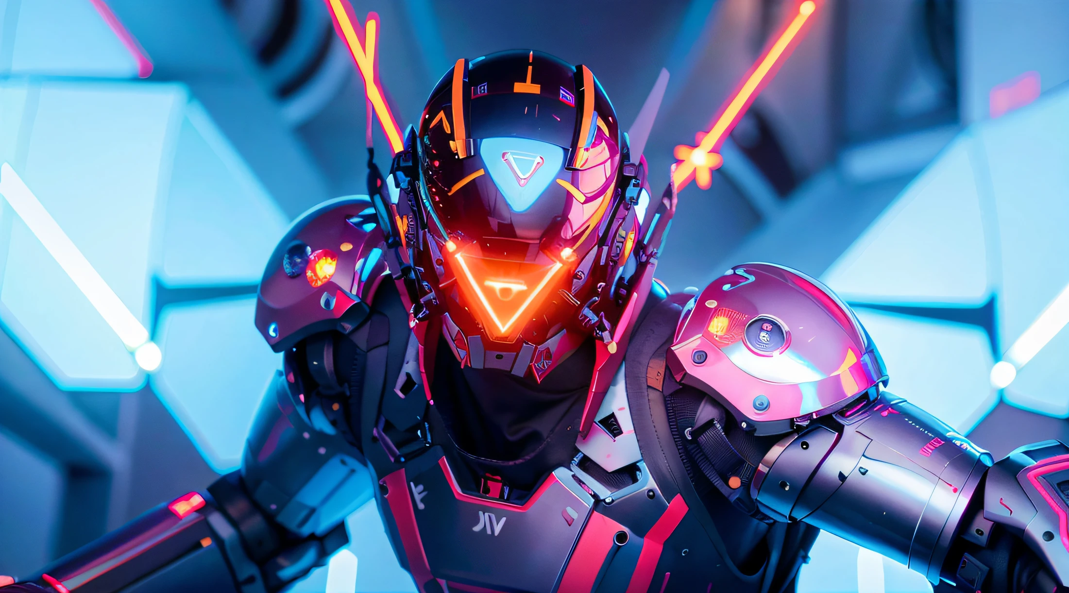 divine paradise. heavenly illumination. God. Holy robotic. Flying. Position of Jesus Christ. Floating in a cathedral. strong, robust and masculine body. fat arms. Position of divinity. Floating. flying. masterpiece, best quality, a close up of a futuristic looking cyborg man with a fantastic cyber helmet head with red and blue triangle led lights and a halo, full body, dancing. dance. synthwave ballad. silver pants. wearing a red and blue techwear jacket, white church in background. jump, full body, robotic legs.