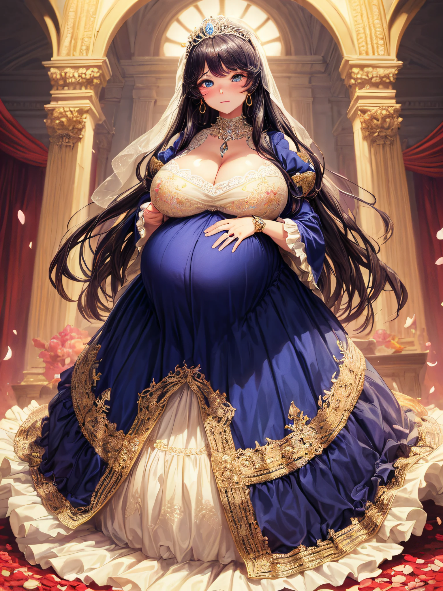 (masterpiece, best quality,extremely detailed:1.1),(moe anime art style:1.2),1girl,((full body,focus face)),((solo)), cute, kawaii,digital art,((1 bling-bling pregnant princess wearing beautiful embroidery and jeweled gorgeous rococo ballgown with jeweled voluminous full length hoop skirt)),(((heavily pregnant))),very big pregnant belly,((crinoline)),long train,voluminous frills,See-through,(gorgeous embroidery and beautiful lace),((very gigantic boobs,skindentation)),cleavage,shiny hair,(((very long hair,very long straight hair))),((embarrassed)),anguish,((finely detailed face and eyes)),clear pupil,extremely gorgeousfull hair ornament,(bling-bling jeweled extremely gorgeousfull tiara),(bling-bling gorgeous gemstone jewelry),long veil,(beautiful background),fantasy background,flowers,flower petals flowing,full body,((beautiful embroidery and jeweled ruffled gorgeous rococo ballgown with voluminous full length hoop skirt))