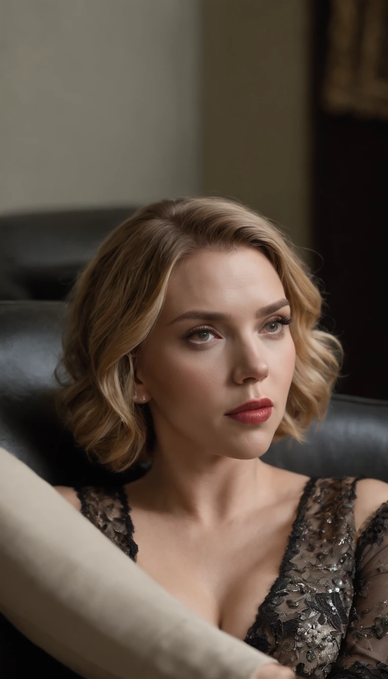 An image of Scarlett Johansson reclining on a black leather sofa, con el pelo suelto y los ojos cerrados. Lleva un sujetador negro de encaje y un tanga a juego. The sofa is in a dark room, con una ventana abierta que deja entrar la luz de la luna. Background is out of focus, con un foco en Scarlett Johansson.
