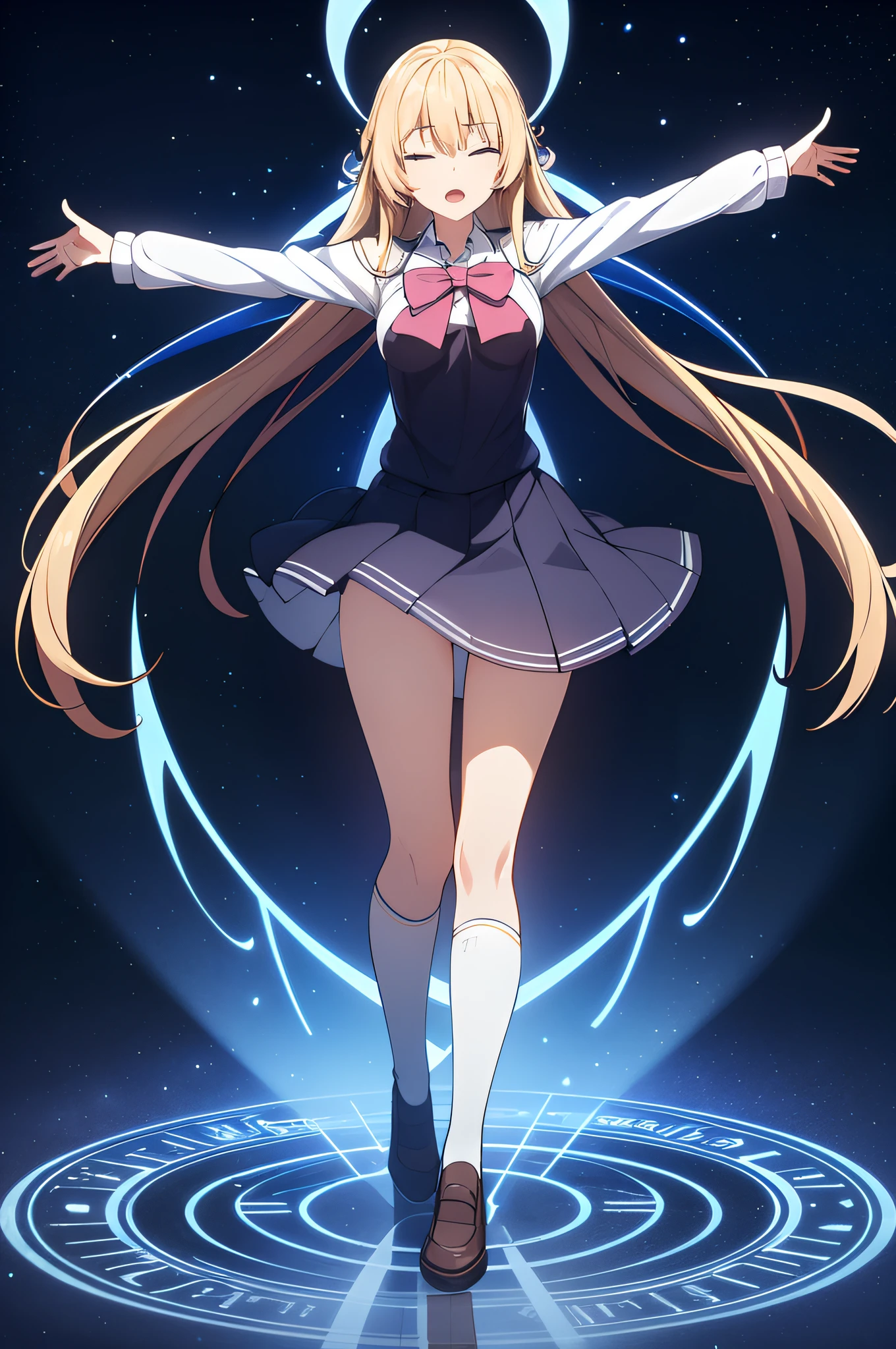 masterpiece, best quality, highres, 1girl, solo, high school uniform, bare legs, looking at viewer, light particles, city backdrop, perfect hands, perfect eyes, perfect legs, perfect arms, perfect fingers, blonde hair, blue eyes, medium breasts, long hair, twirling, ponytail, matching socks, full body, blue leotard, wind swirls, glow, light particles, tornado spin, standing, spinning