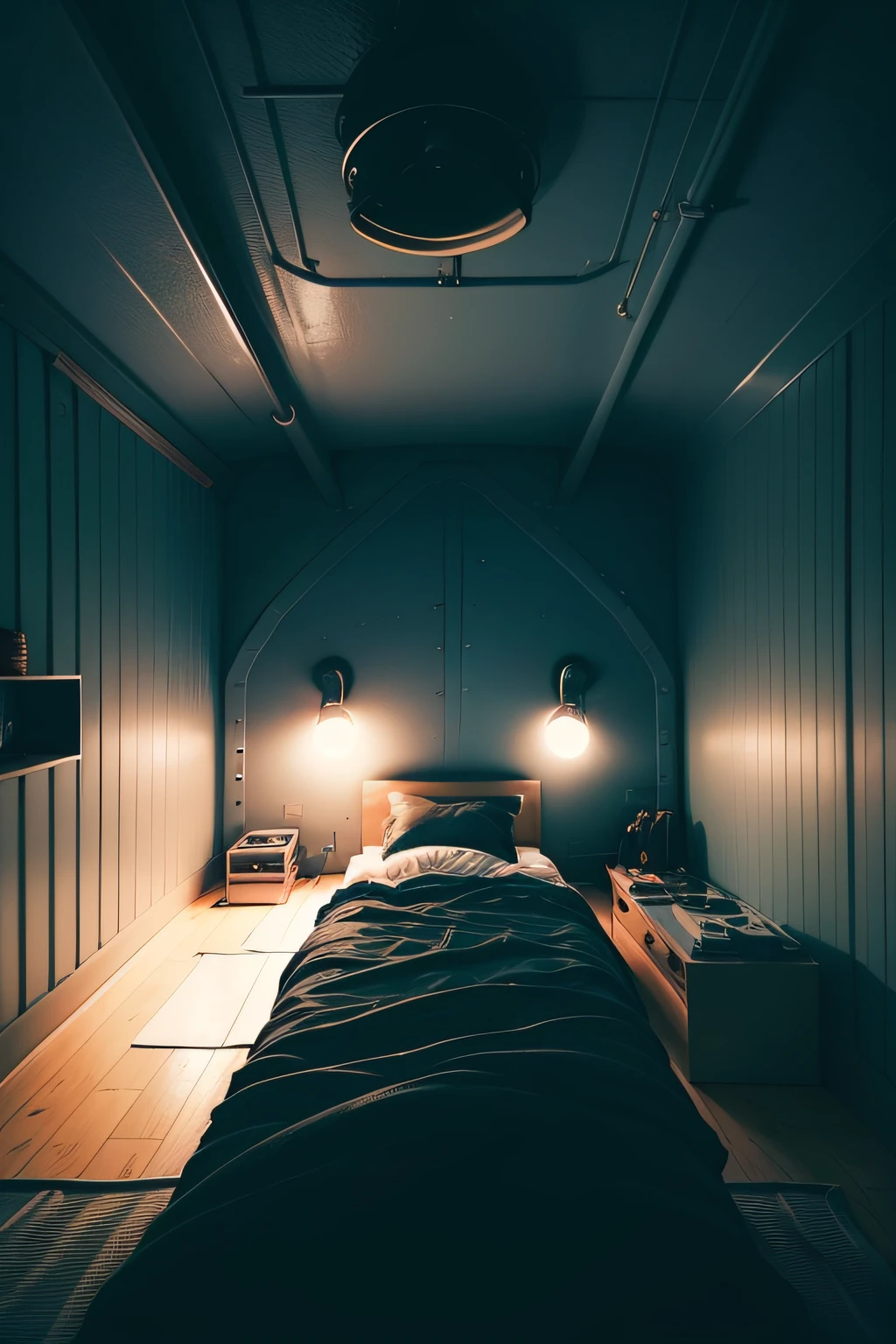 point of view of lying in bed staring at the roof of a small room in a submarine. almost pitch black but with low neon light accents. there are rivets on the roof of the room and it's closer than it should be. feeling of being cramped.