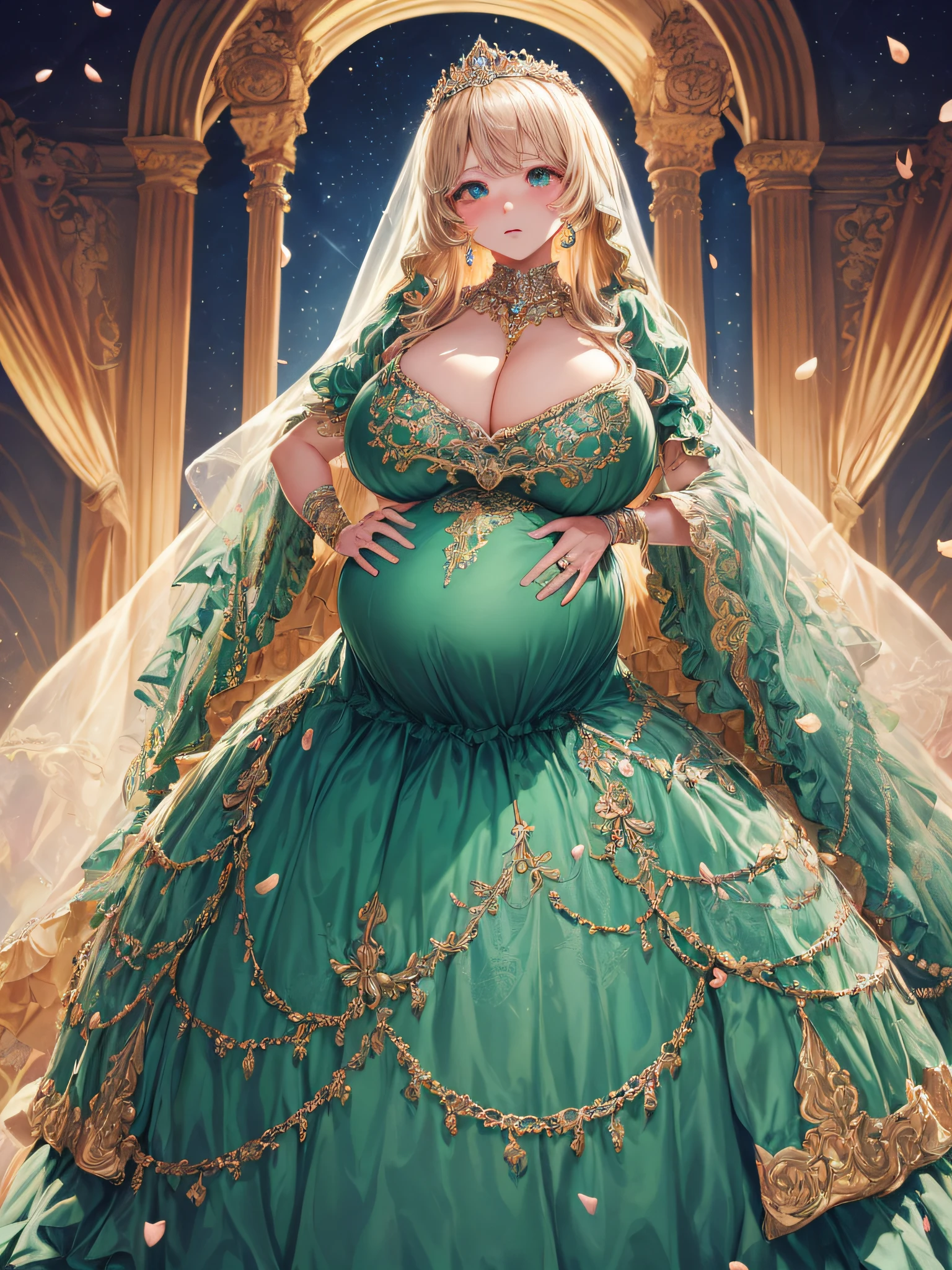 (masterpiece, best quality,extremely detailed:1.1),(moe anime art style:1.2),1girl,((full body,focus face)),((solo)), cute, kawaii,digital art,((1 bling-bling pregnant princess wearing beautiful embroidery and jeweled gorgeous rococo ballgown with jeweled voluminous full length hoop skirt)),(((heavily pregnant))),very big pregnant belly,((crinoline)),long train,voluminous frills,See-through,(gorgeous embroidery and beautiful lace),((very gigantic boobs,skindentation)),cleavage,shiny hair,(((very long hair,very long straight hair))),((embarrassed)),anguish,((finely detailed face and eyes)),clear pupil,extremely gorgeousfull hair ornament,(bling-bling jeweled extremely gorgeousfull tiara),(bling-bling gorgeous gemstone jewelry),long veil,(beautiful background),fantasy background,flowers,flower petals flowing,full body,((beautiful embroidery and jeweled ruffled gorgeous rococo ballgown with voluminous full length hoop skirt))