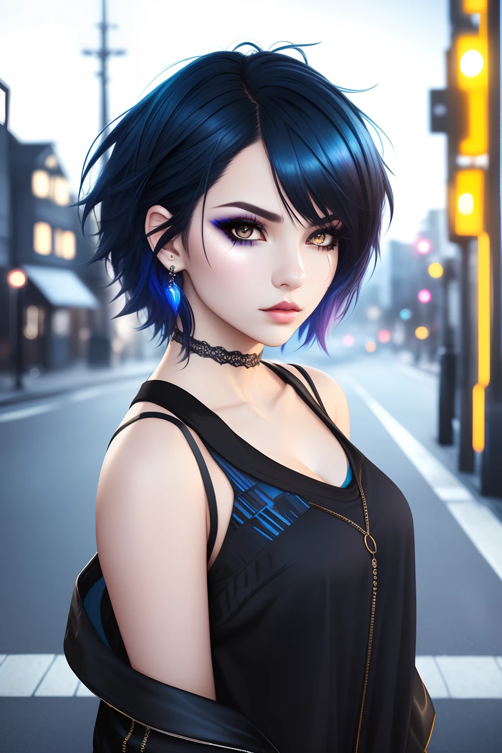 beautiful girl, half body portrait, short bright blue disheveled hair, black eyeshadow, (street style wear:1.2), (city background:1.2), dark makeup, digital art, trending on artstation, highly detailed, fine detail, intricate, beautiful detailed glow, detailed, Cinematic light, highres, detailed facial features,sharp focus, smooth, aesthetic,